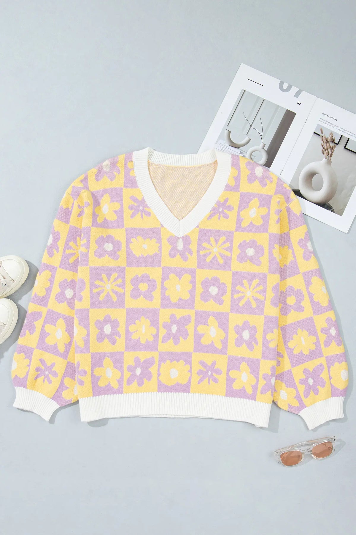 Multicolour V Neck Plaid Floral Long Sleeve Plus Size Sweater