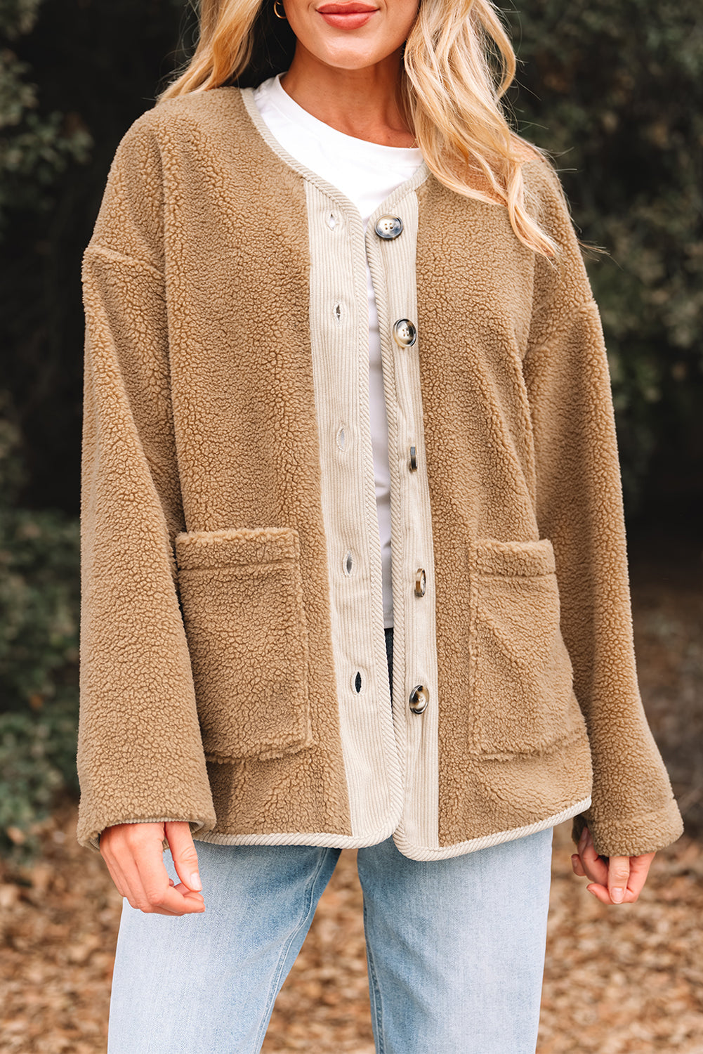 Plush Corduroy Edge Patchwork Jacket with Big Pockets - eAura