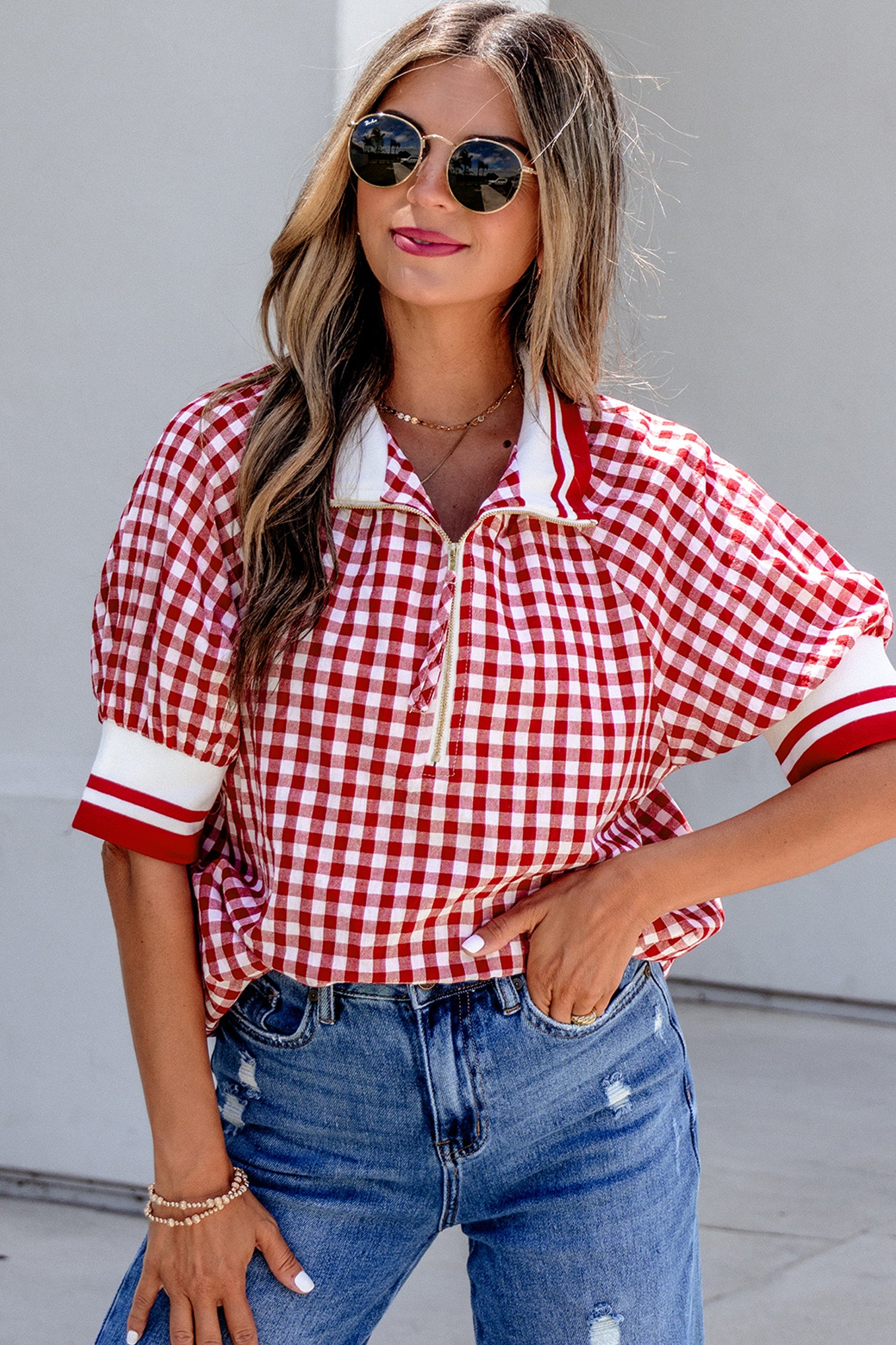 Gingham Striped Patchwork Half Zip Blouse – Red