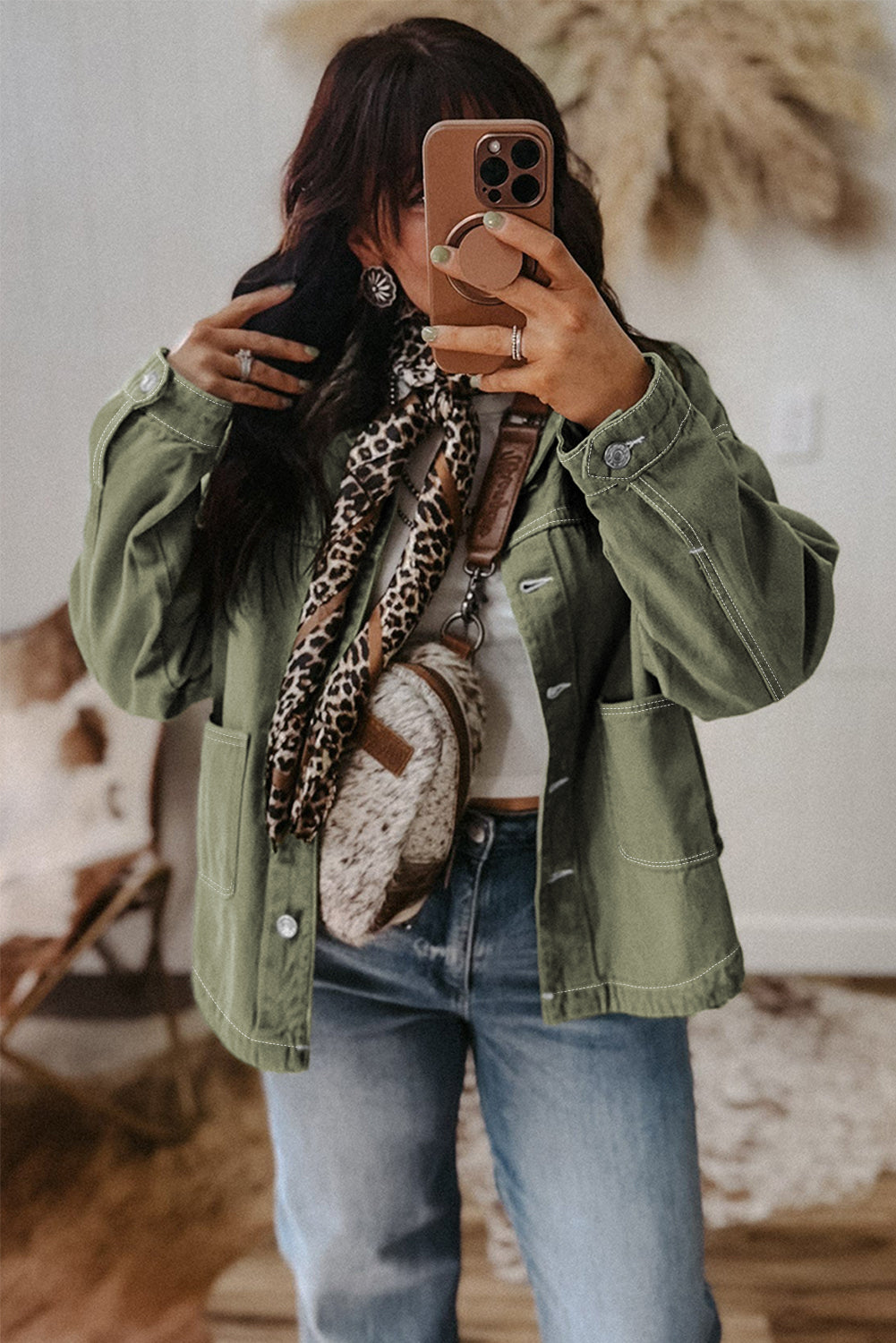 Patched Pocket Collared Button Front Boyfriend Denim Jacket eAura