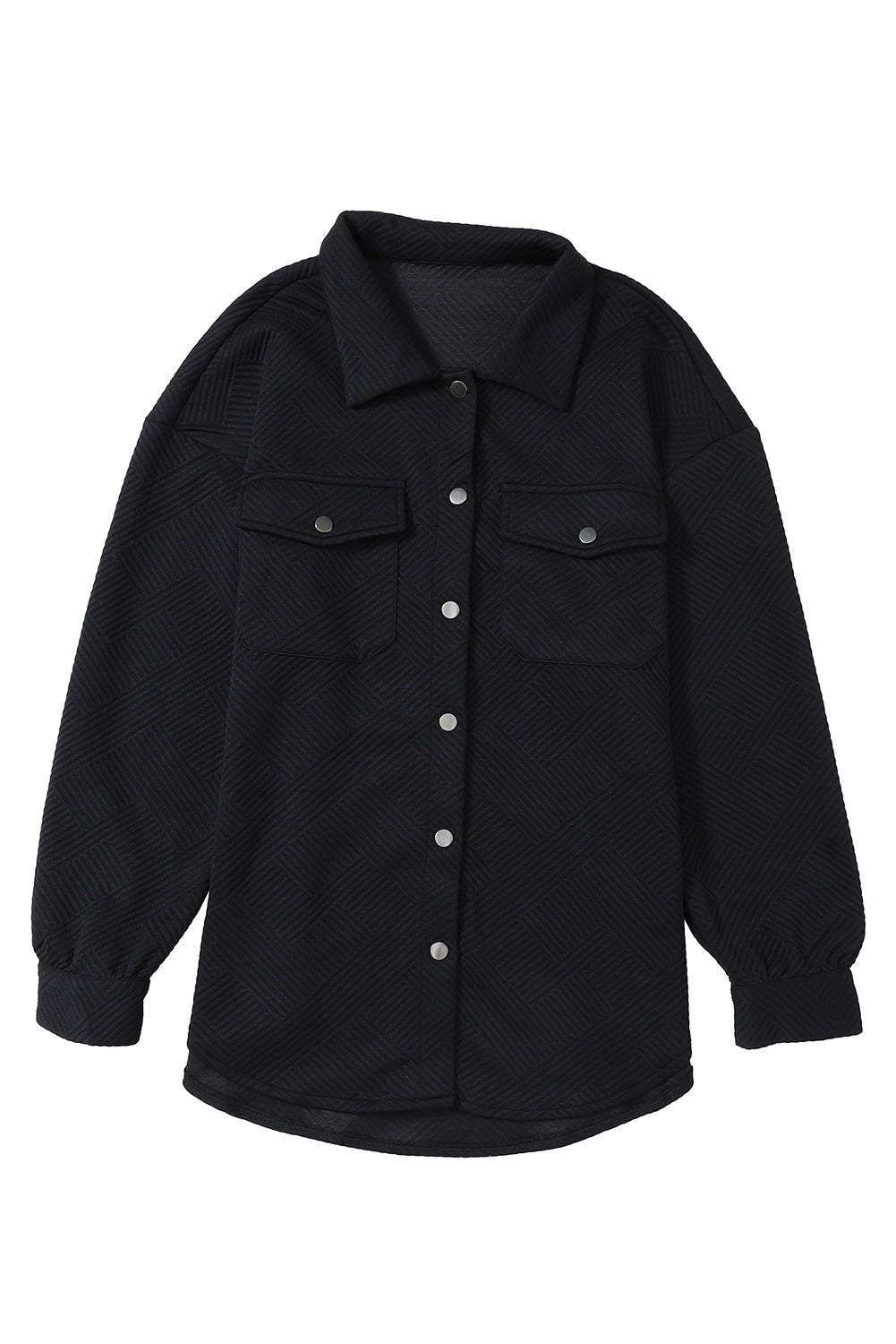 Black Solid Textured Flap Pocket Buttoned Shacket eAura