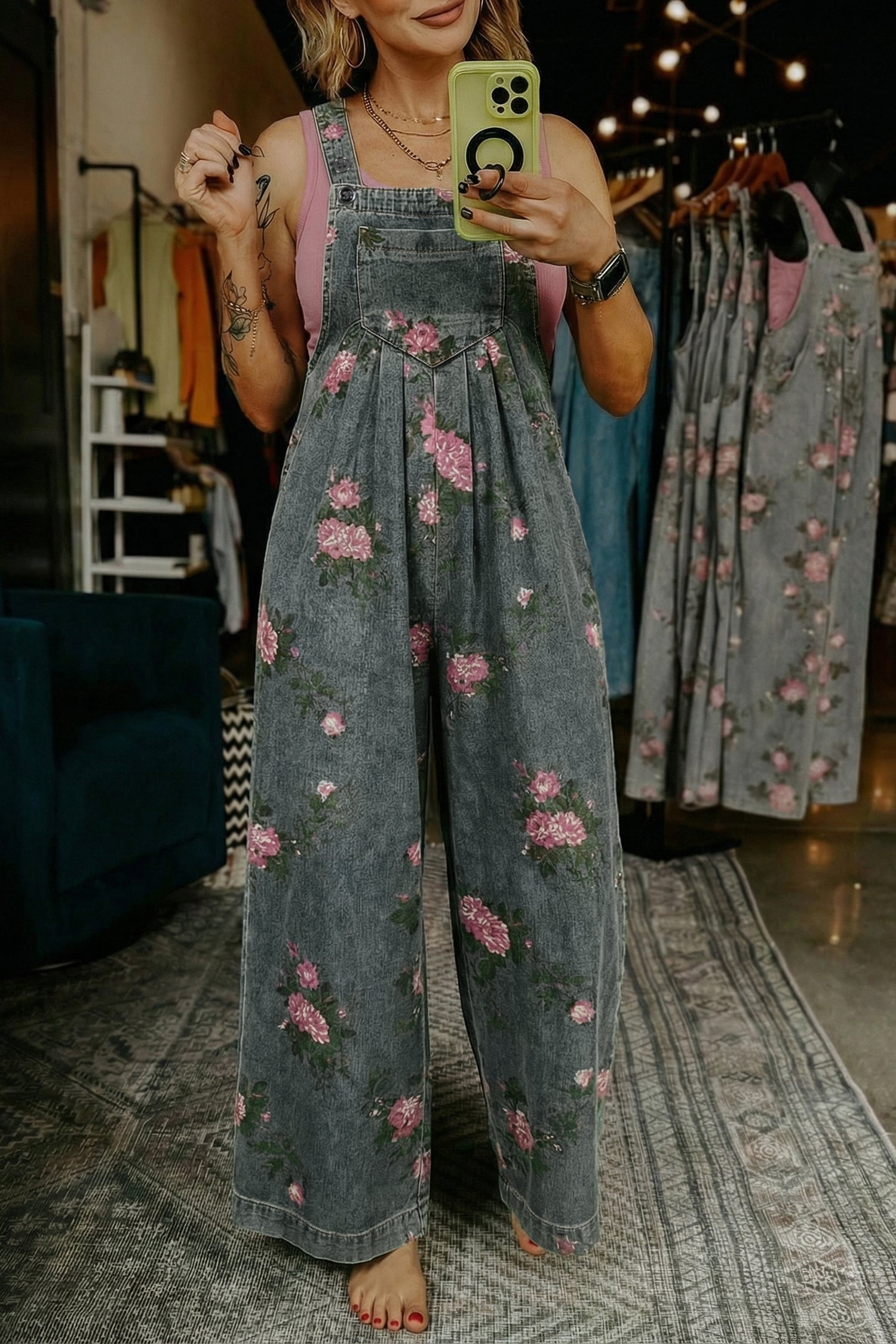 Floral Print Pleated Wide Leg Denim Jumpsuit – High Waist