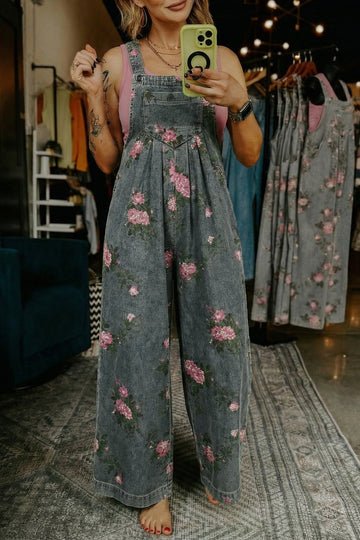 Floral Print Pleated Wide Leg Denim Jumpsuit – High Waist