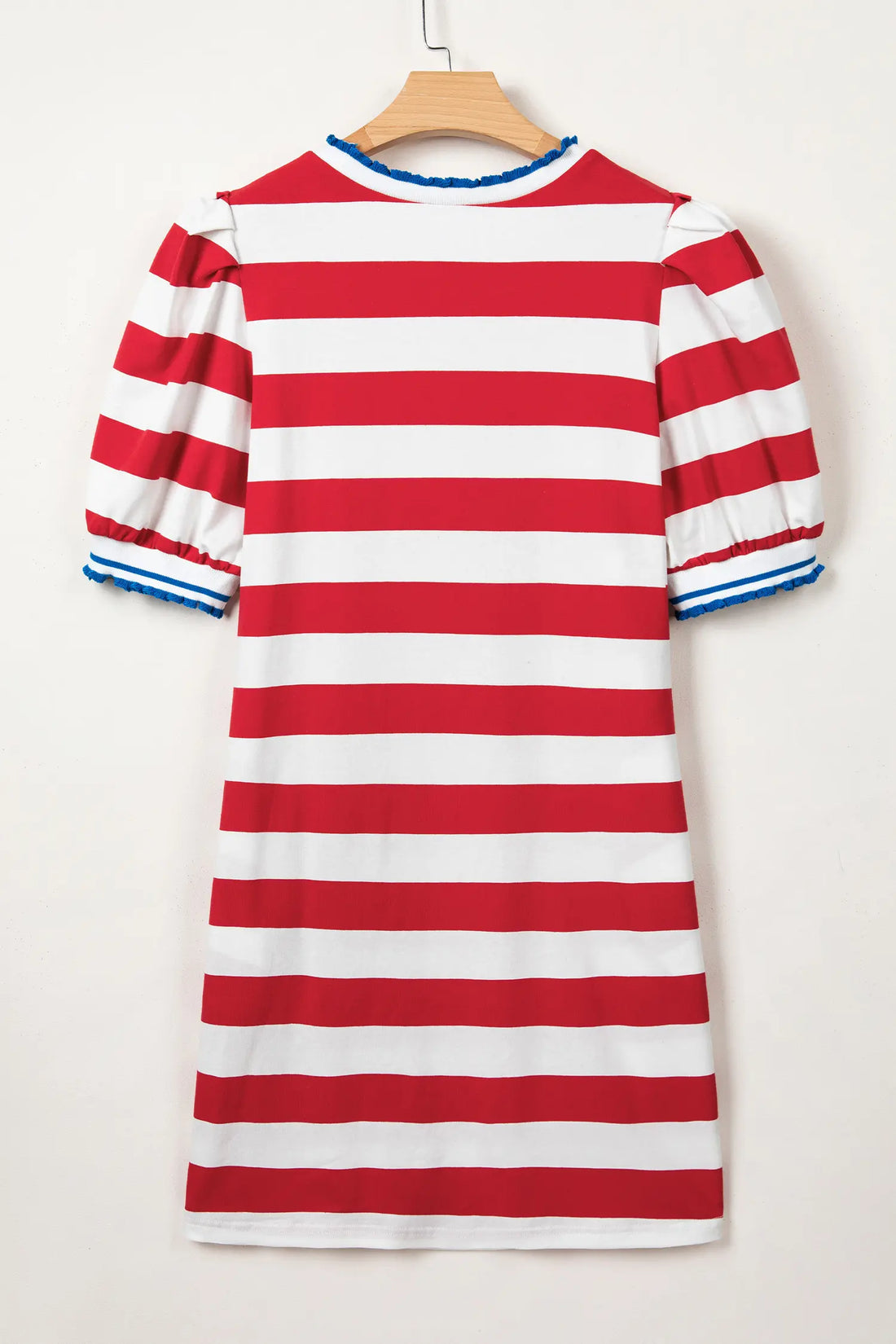 Stripe Contrast Trim Round Neck Short Puff Sleeve Shift Mini Dress