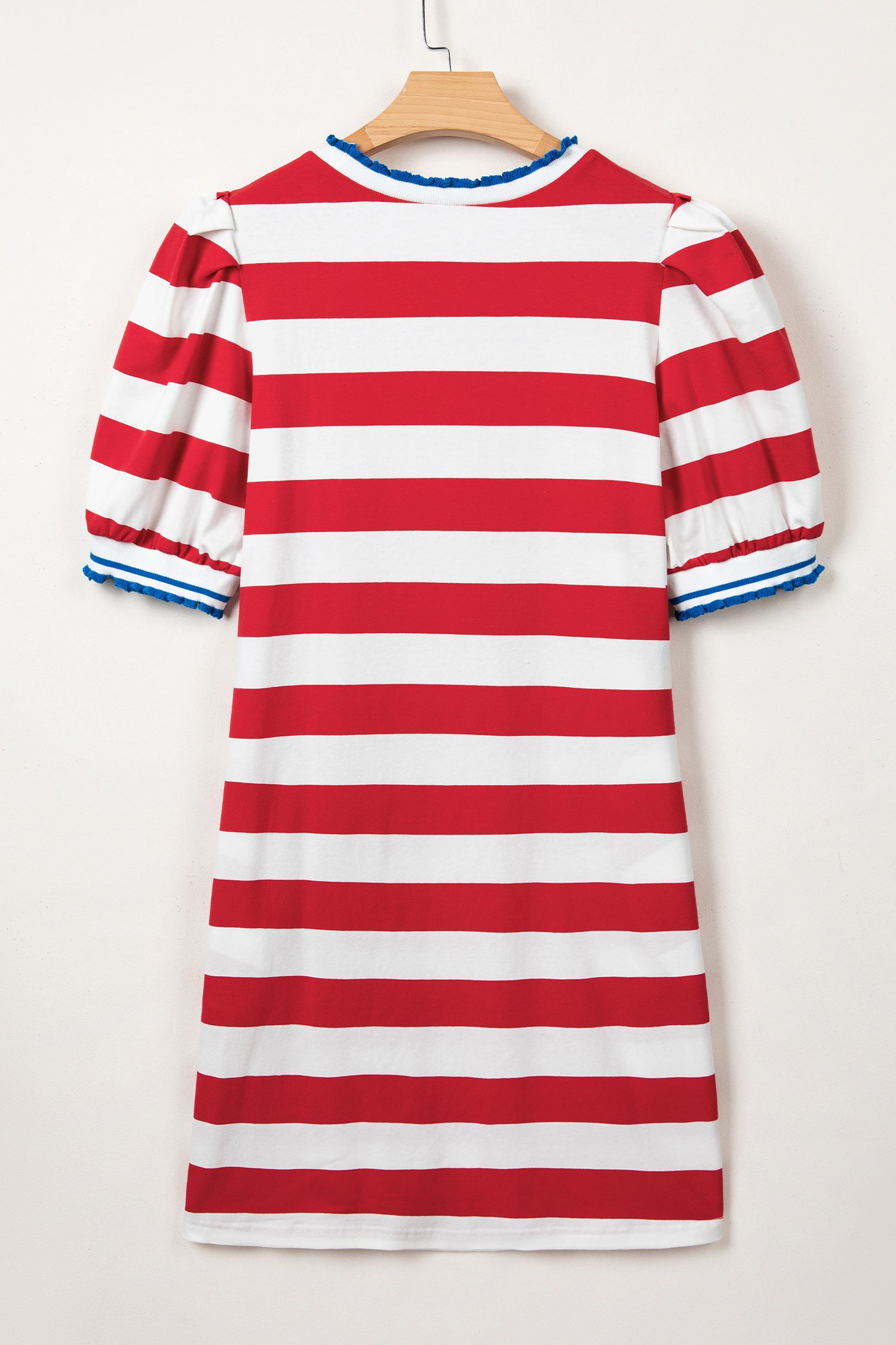 Stripe Contrast Trim Round Neck Short Puff Sleeve Shift Mini Dress