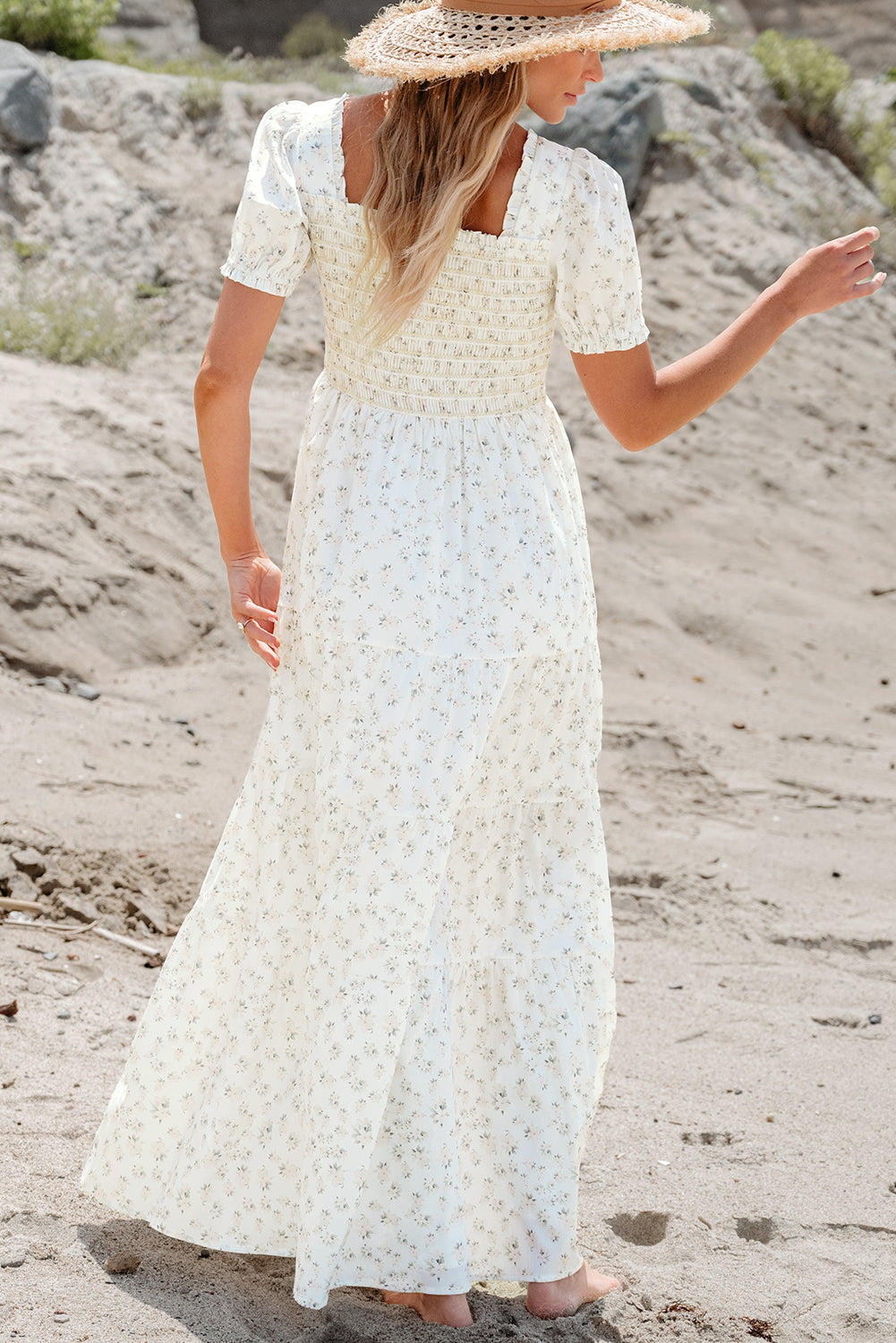 White Frilly Shirred Bodice Tiered Floral Maxi Dress eAura