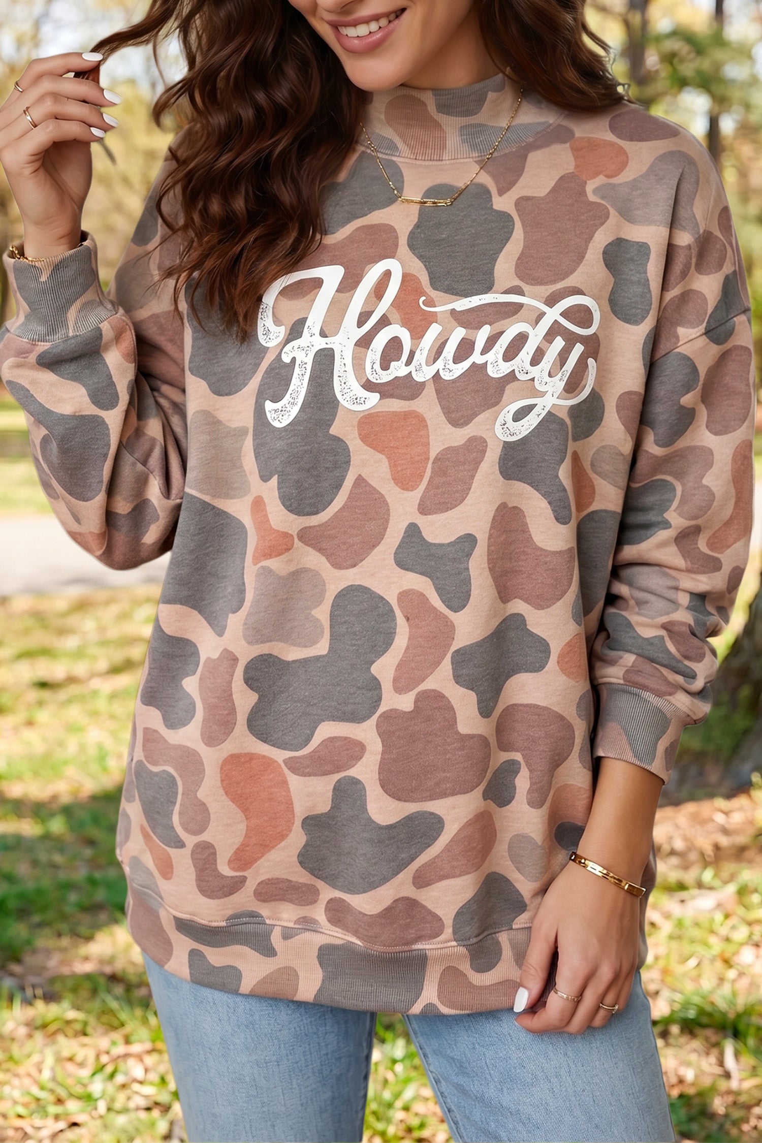 Camo Print Howdy Western Style Baggy Pullover Sweatshirt – Multicolour