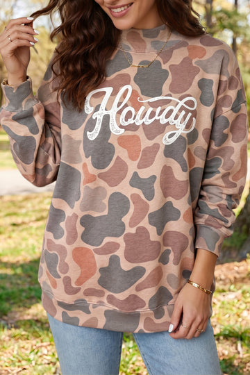 Camo Print Howdy Western Style Baggy Pullover Sweatshirt – Multicolour