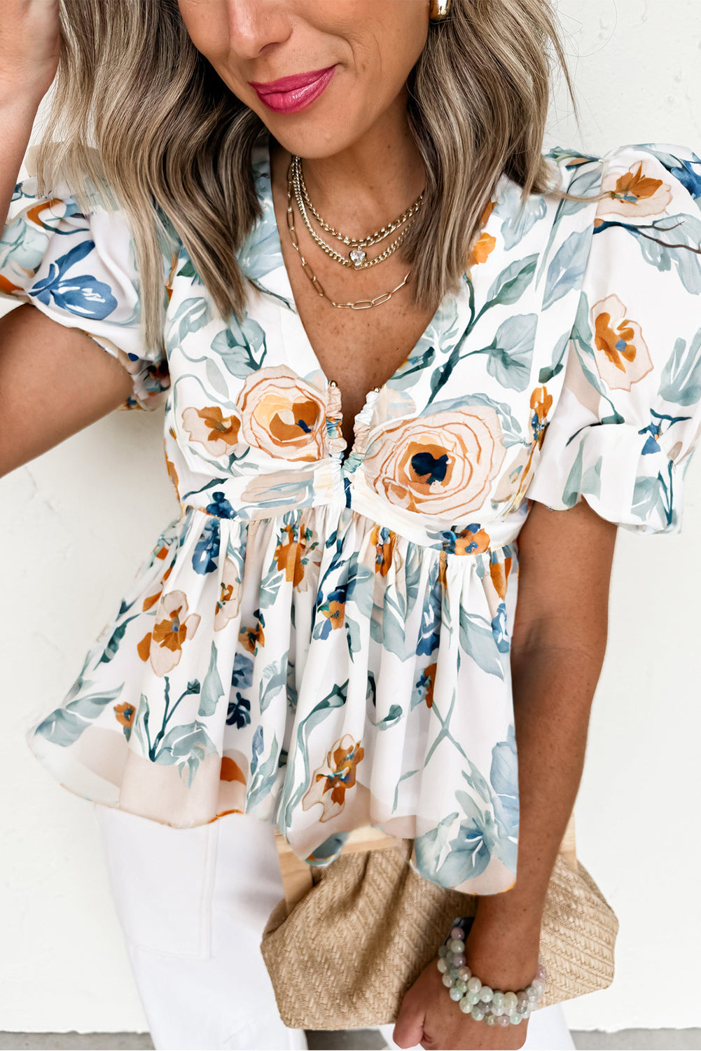 Green Floral Print Puff Sleeve V Neck Babydoll Blouse eAura