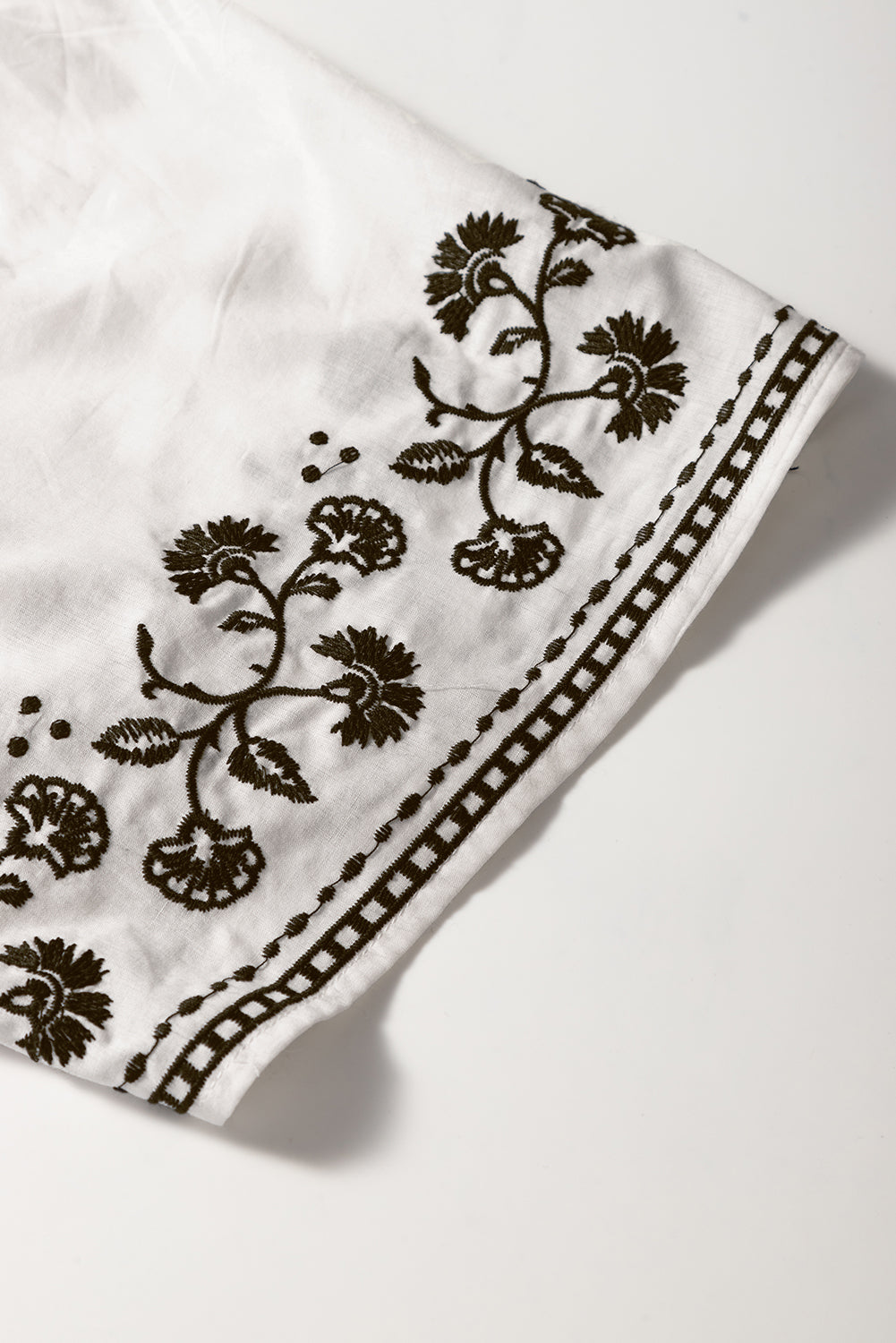 White Floral Embroidered Short Sleeve V Neck Blouse eAura