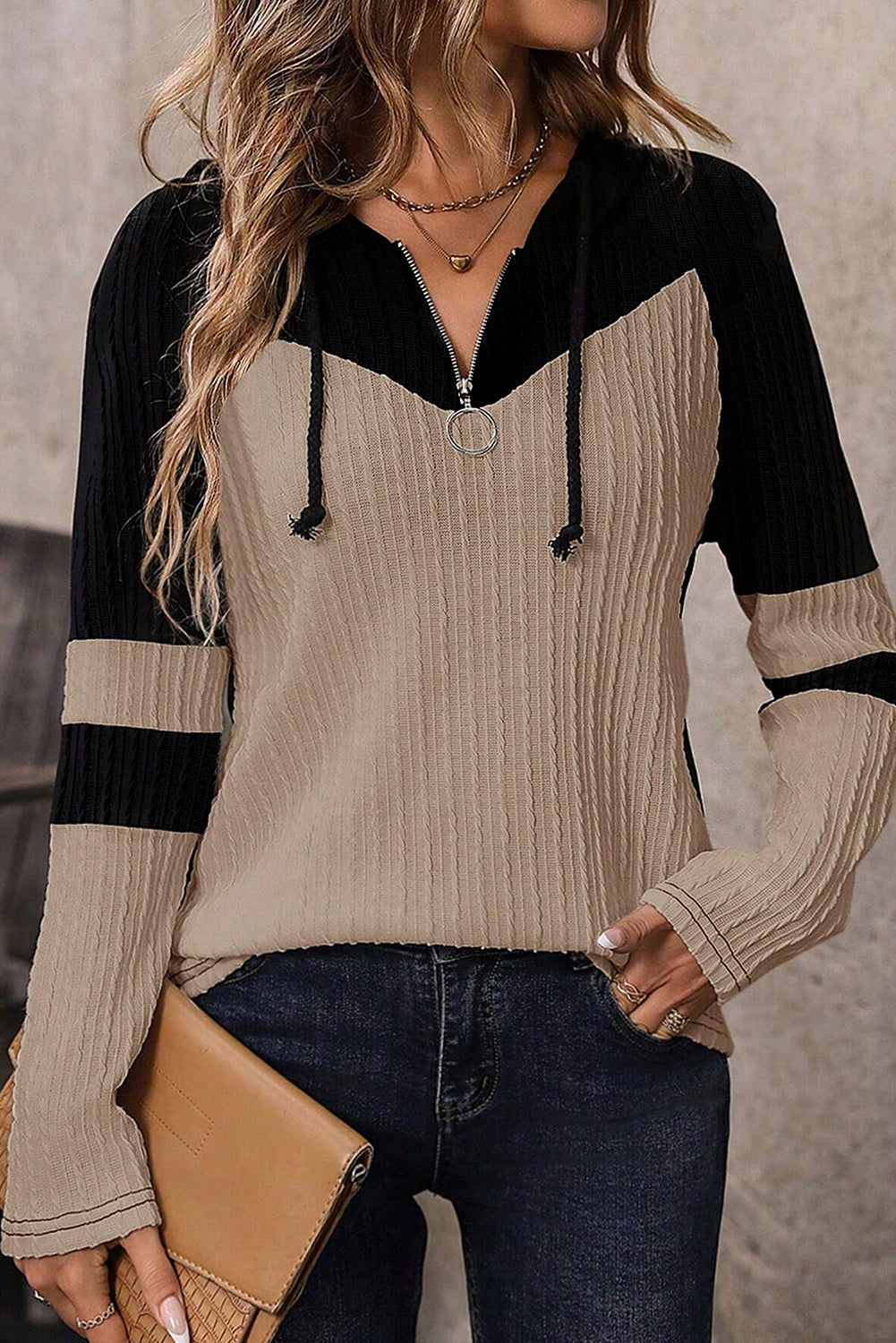 Parchment Textured Colourblock Long Sleeve Quarter Zip Drawstring Hooded Top eAura