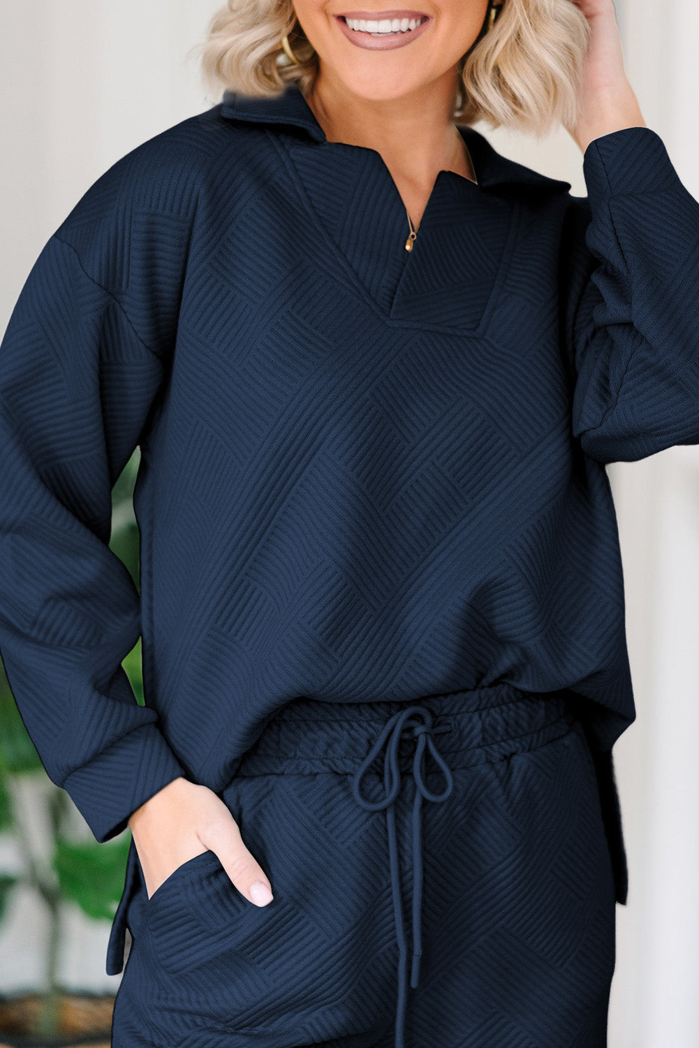 Textured Collared V-Neck Top and Wide Leg Trousers Co-ord Set eAura