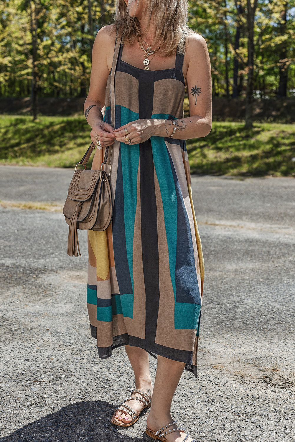 Brown Retro Geometric Printed Y Back Sleeveless Dress eAura