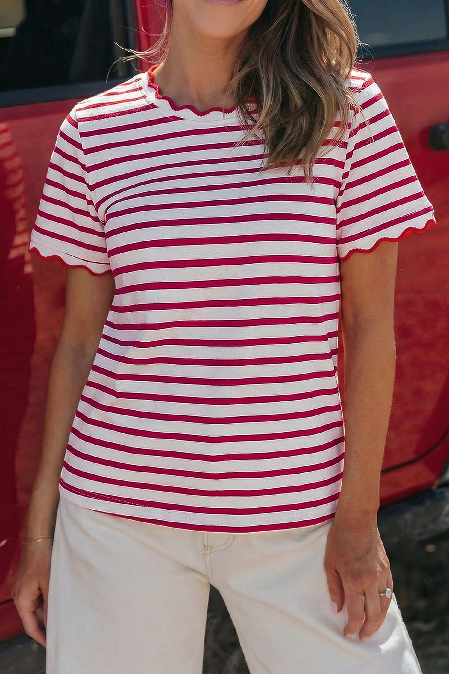 Stripe Scalloped Trim Round Neck T-Shirt