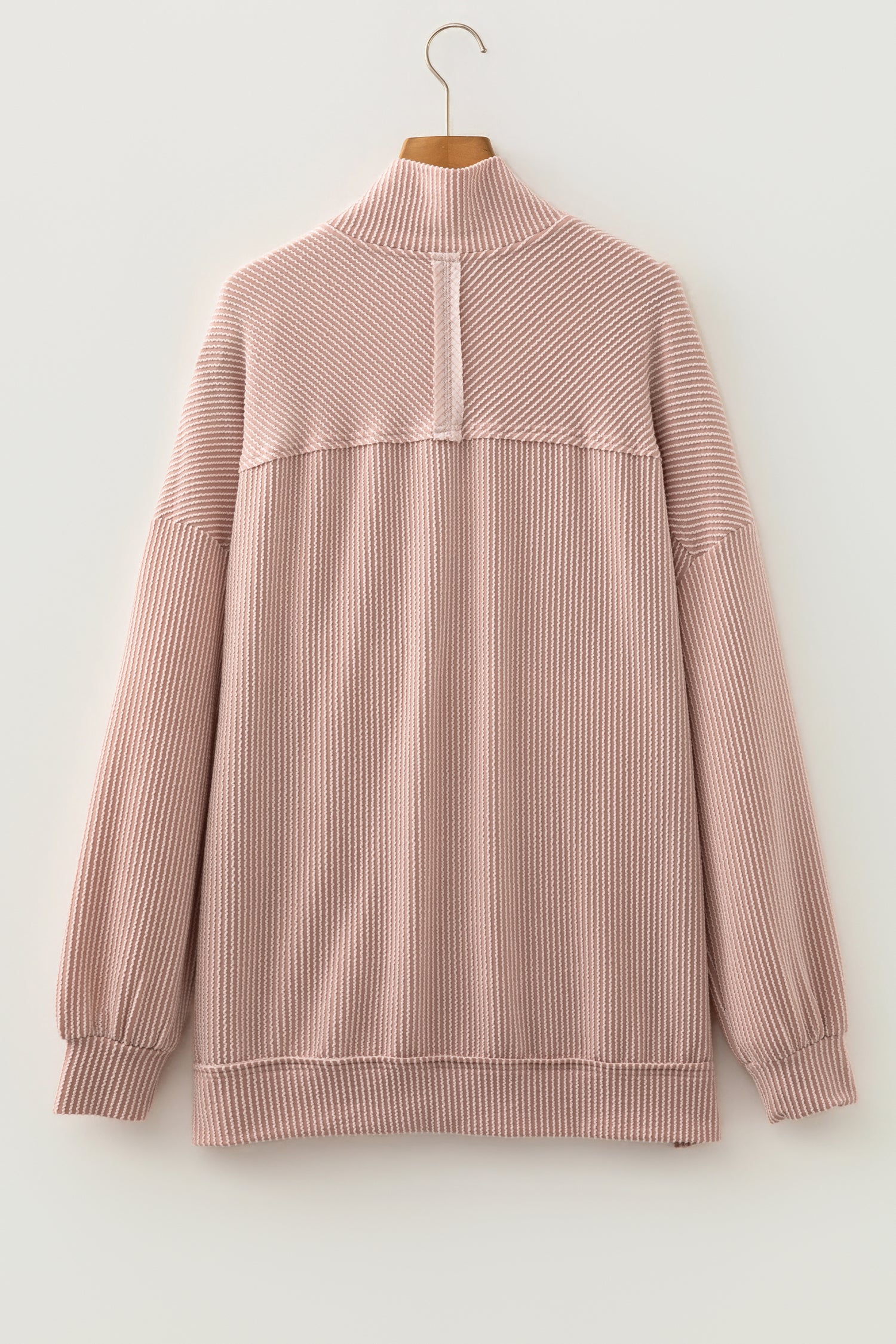 Oatmeal Twist Ribbed Zipper Collar Drop Shoulder Long Sleeve Top – Beige
