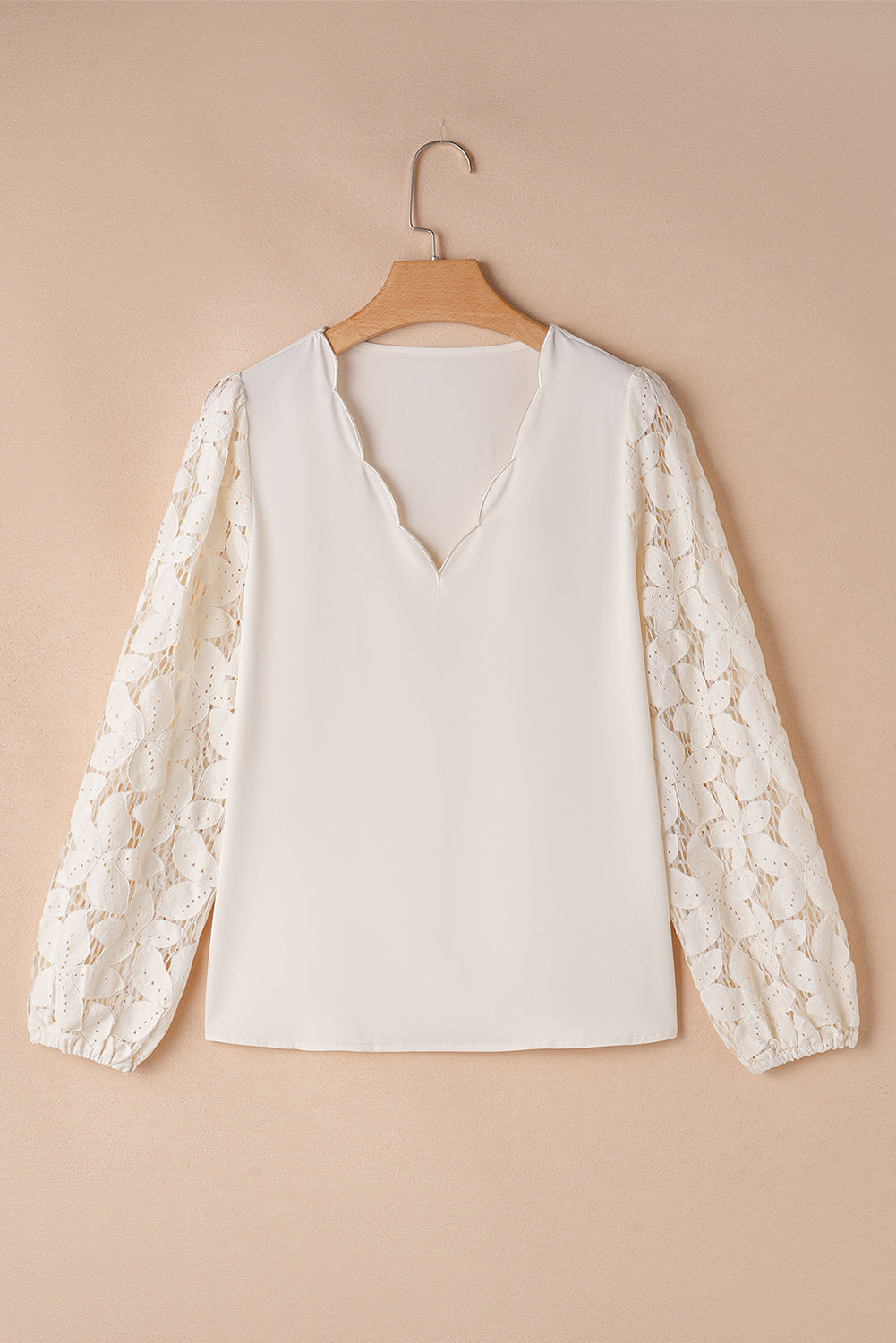 White Scalloped V Neckline Lace Hollowed Lantern Sleeve Blouse eAura
