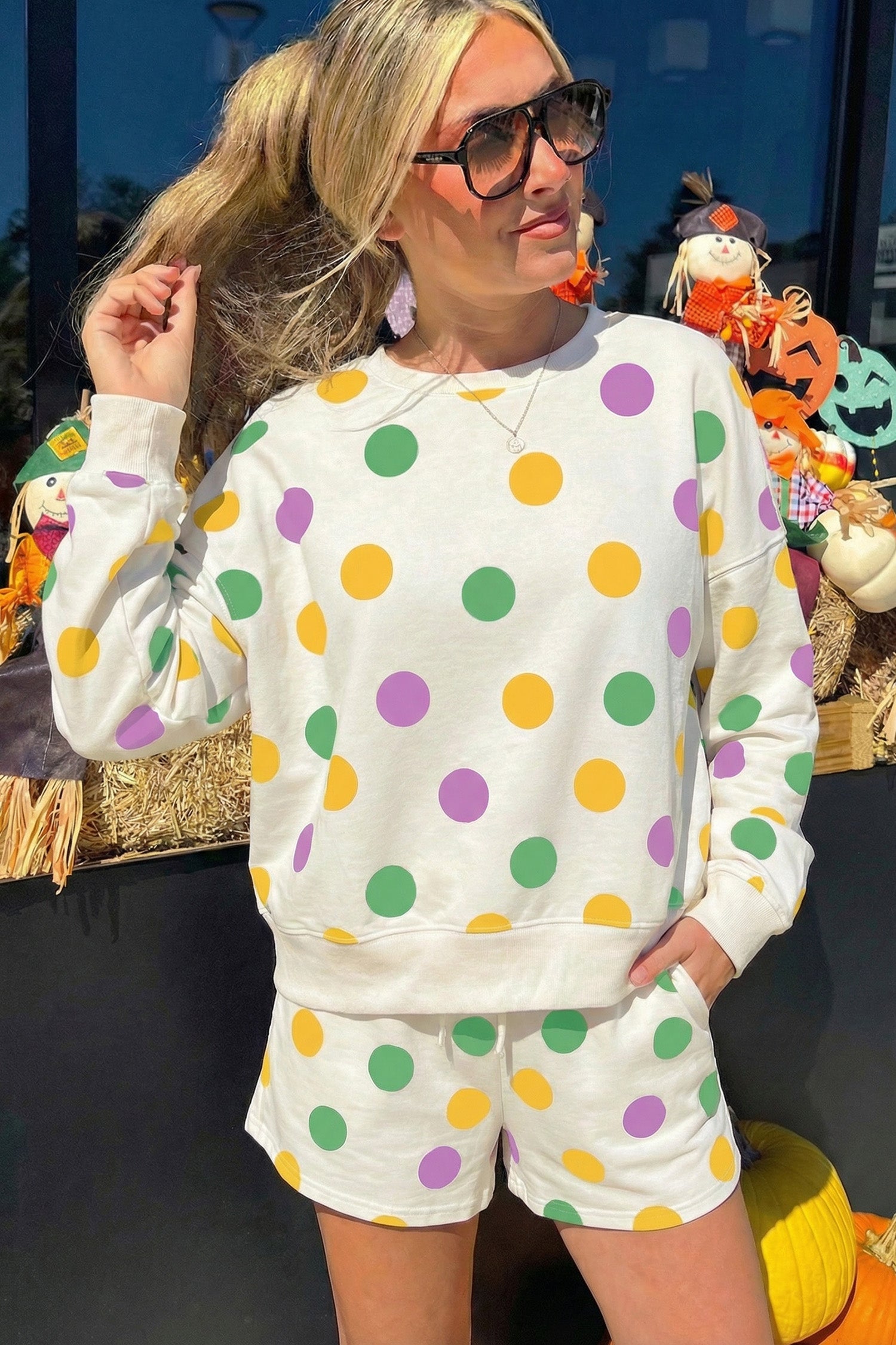 Polka Dot Print Drop Shoulder Pullover Drawstring Shorts Set