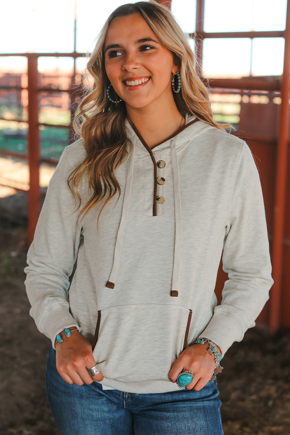 Beige Drawstring Kangaroo Pocket Henley Hoodie eAura