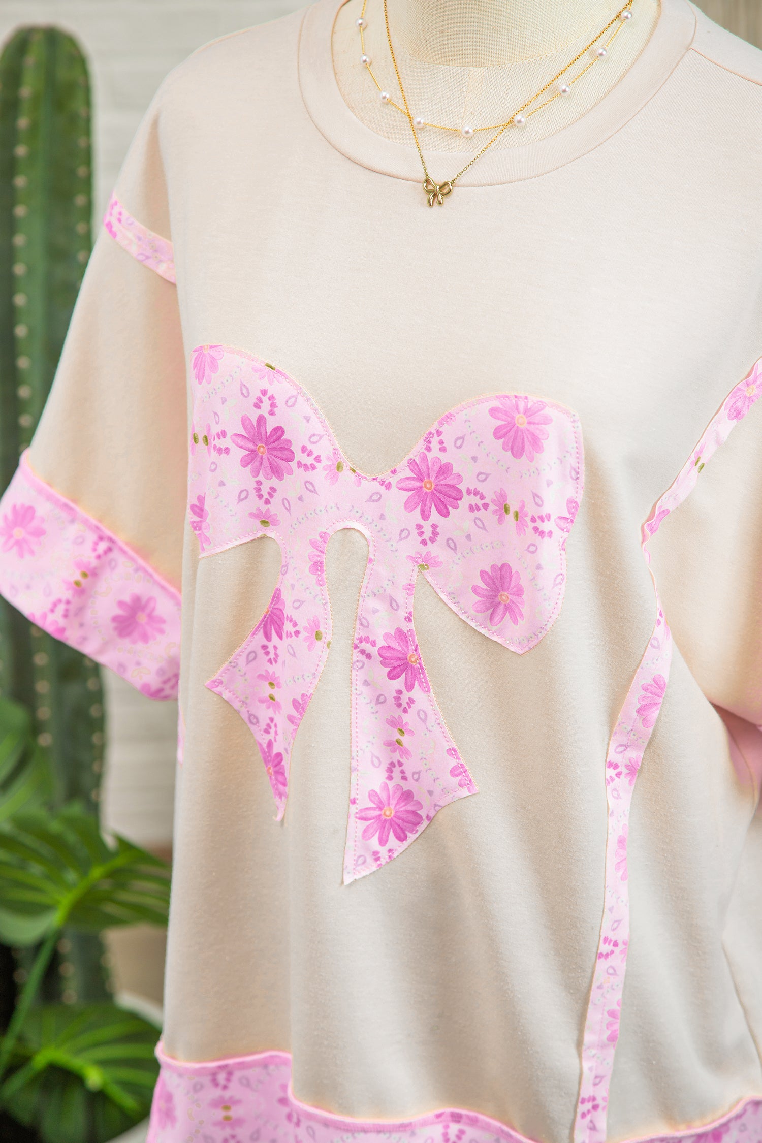Daisy Floral Bow Contrast Patchwork Loose T Shirt – Apricot