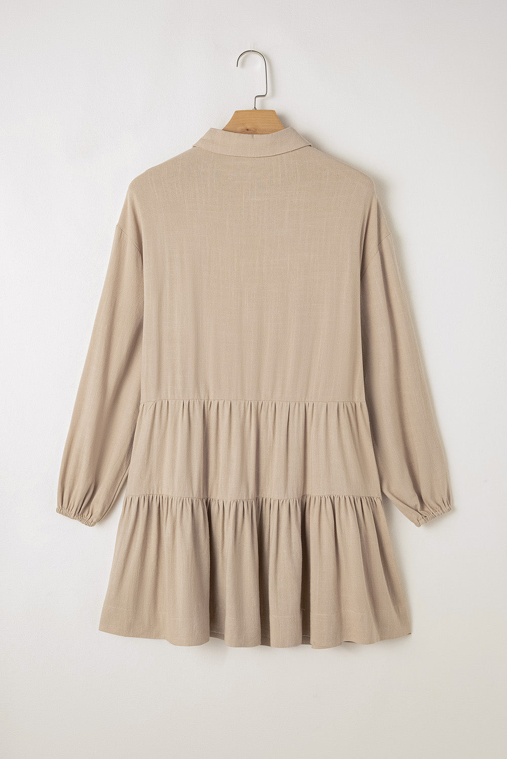 Tan Puff Sleeve Buttoned Tiered Pleated Shirt Mini Dress Beagle Boutique Fashion Outlet