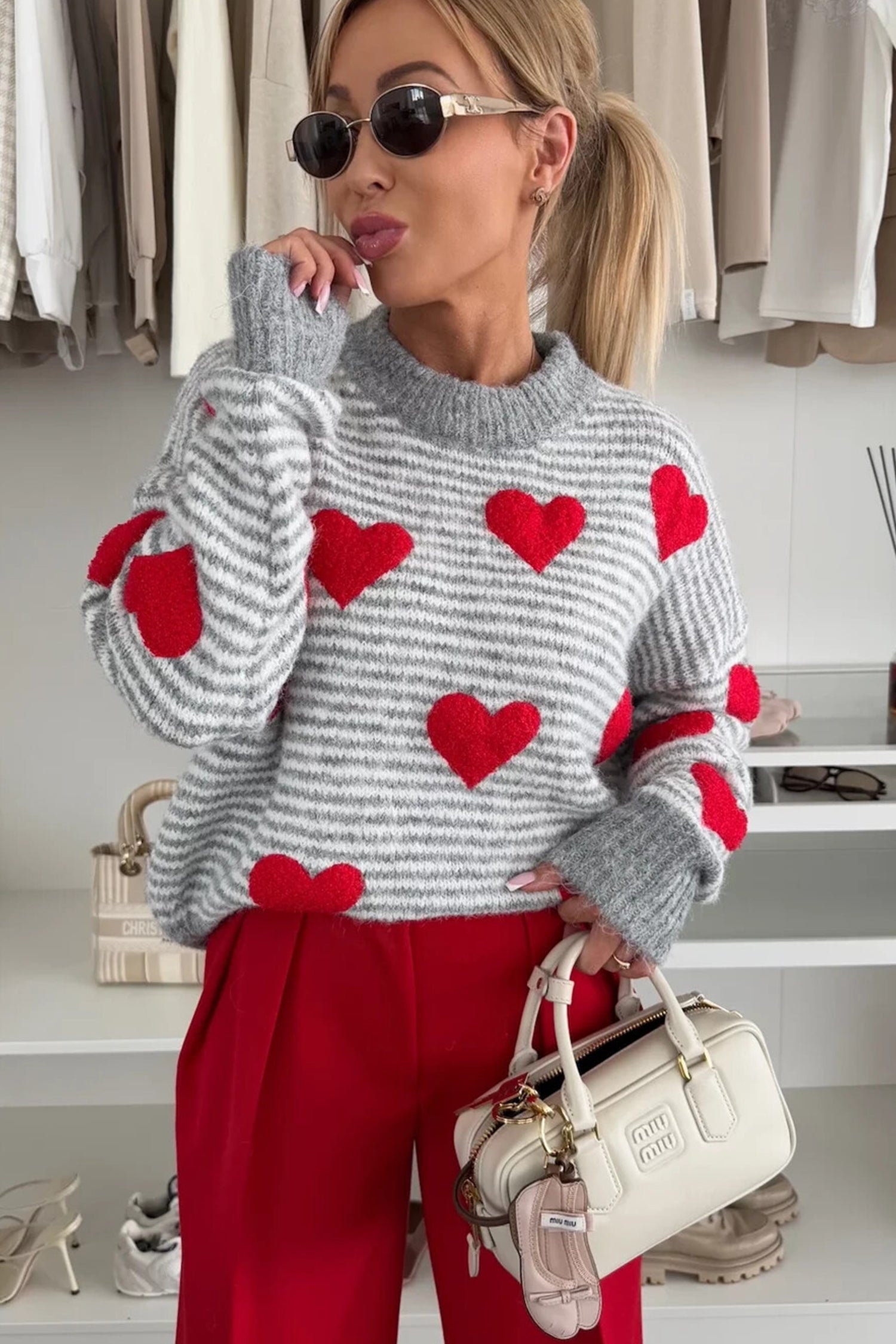 Stripe Contrast Heart Pattern Valentine Knit Sweater - Sweaters & Cardigans/Sweaters