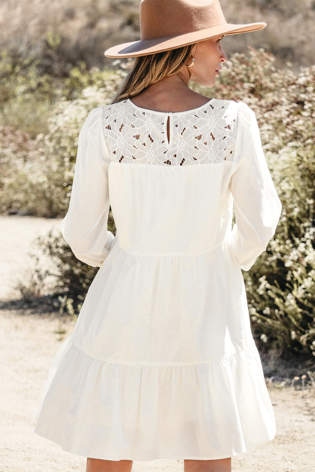 White Floral Lace Patchwork Bracelet Sleeve Tiered Mini Dress Beagle Boutique Fashion Outlet