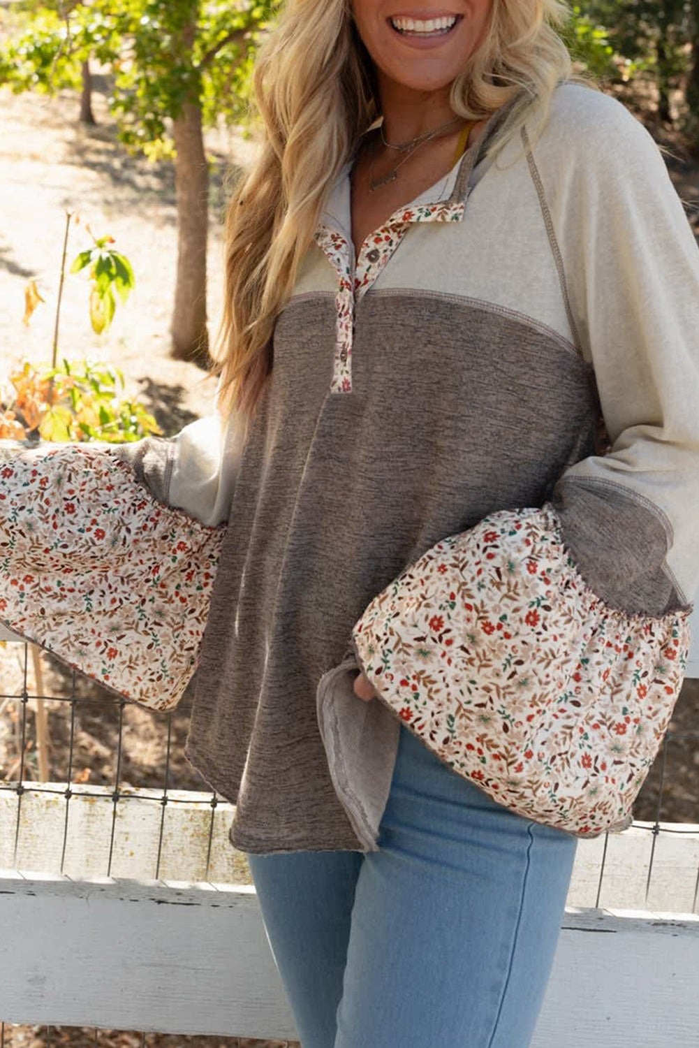 Goat Colourblock Floral Patchwork Flared Sleeve Buttons Henley Top eAura