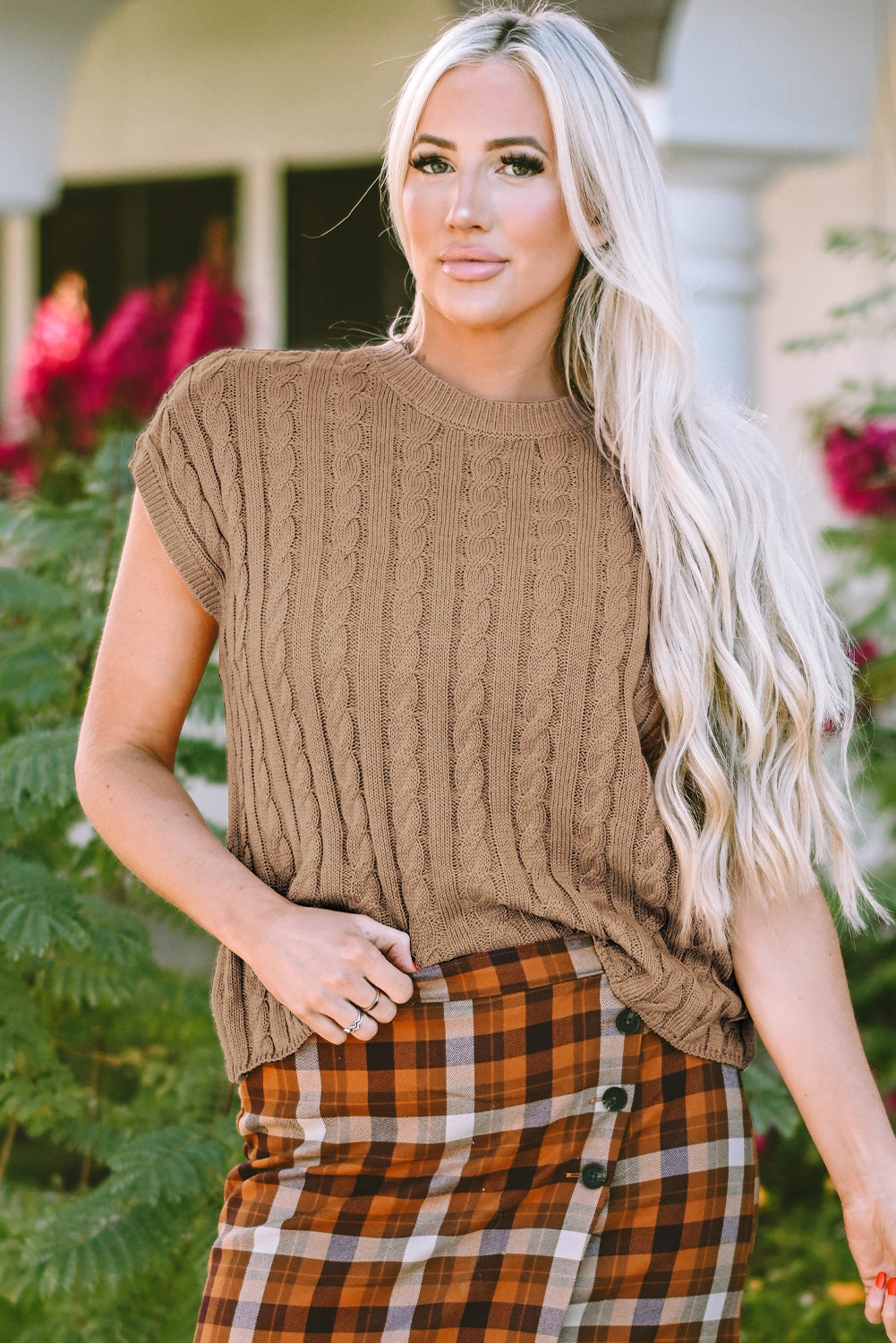 Black Crew Neck Cable Knit Short Sleeve Sweater eAura