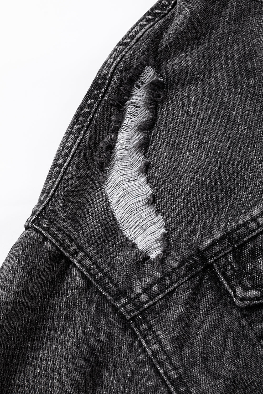 Black Drawstring Hooded Frayed Denim Jacket eAura