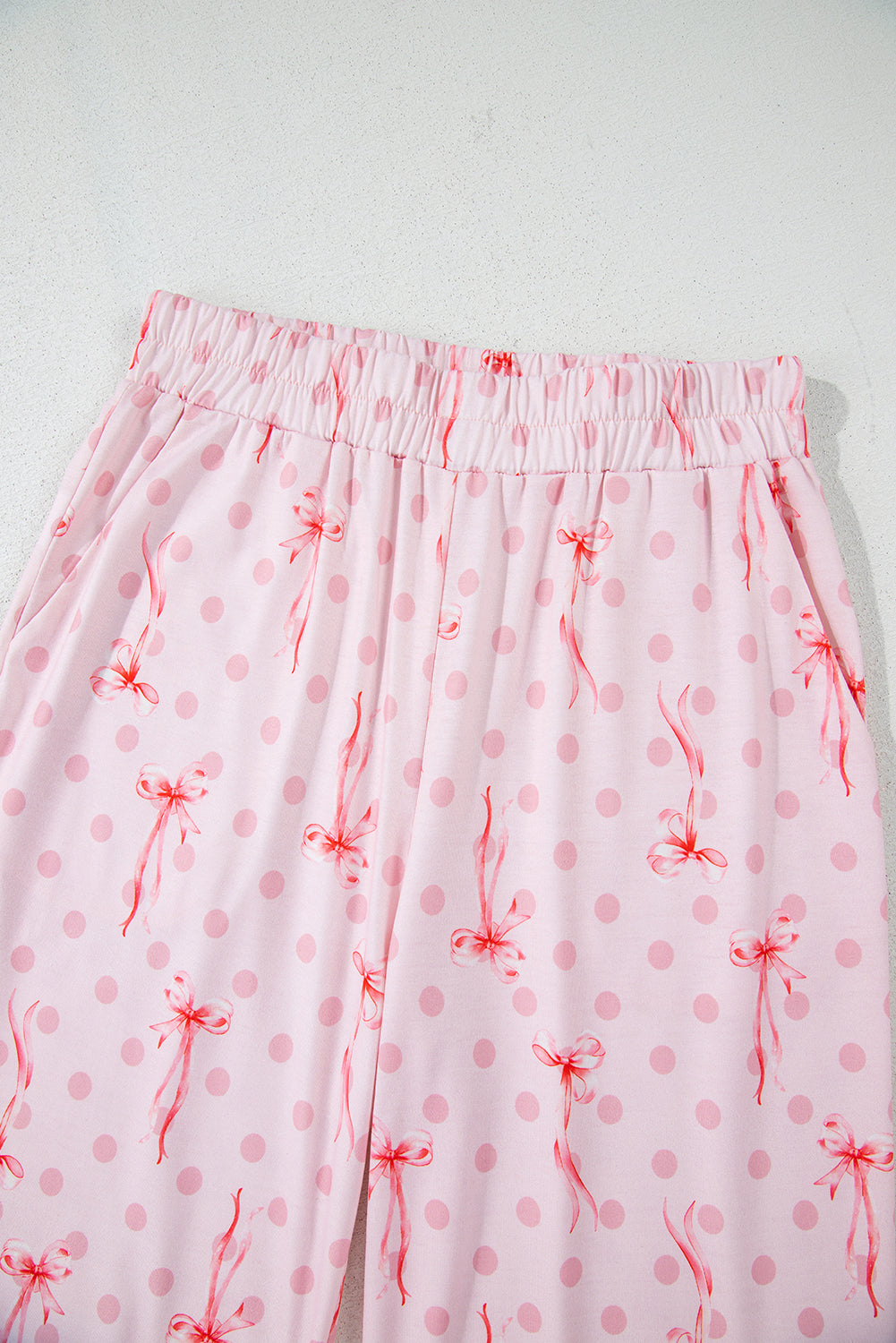 Pink Bow Knot Polka Dot Print Short Sleeve Top Lounge Set eAura