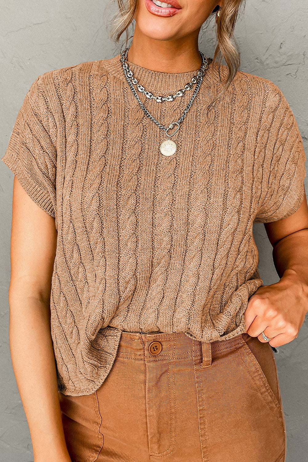 Chestnut Crew Neck Cable Knit Short Sleeve Sweater eAura