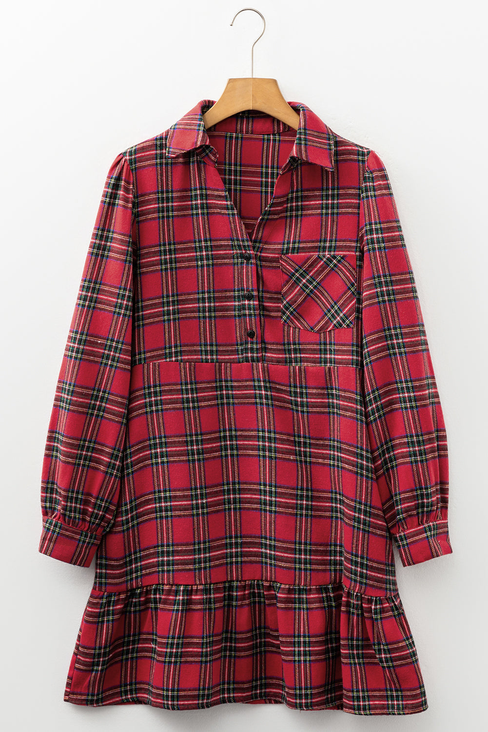 Plaid Shirt Collar Half Button Ruffle Hem Long Sleeve Mini Dress - eAura