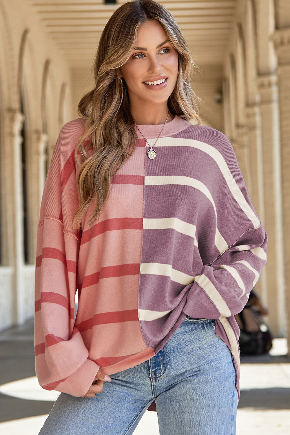 Pink Stripe Colourblock Oversized Sweater eAura