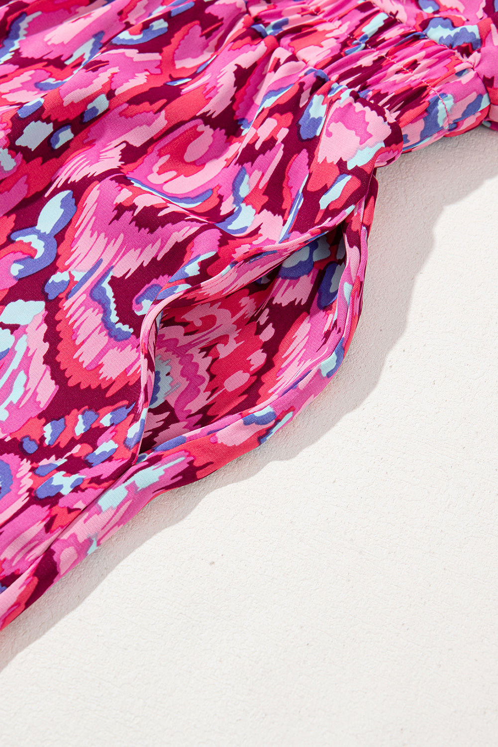 Pink Abstract Print Puff Sleeve V Neck High Waist Romper eAura