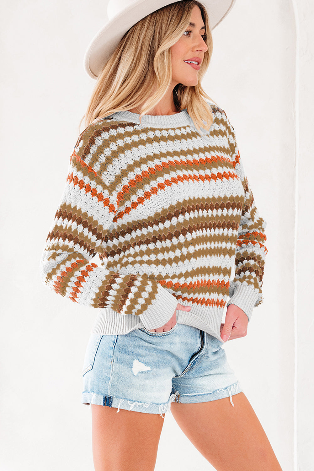 Striped Eyelet Patterned Drop Shoulder Knit Sweater - eAura