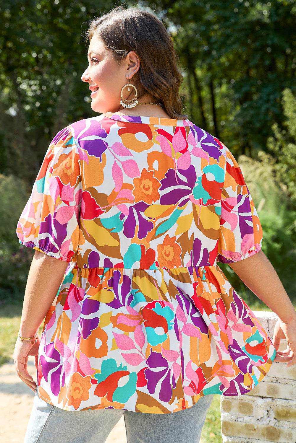 Pink Plus Size Floral Print V Neck Fit and Flare Blouse BB Fashion Outlet