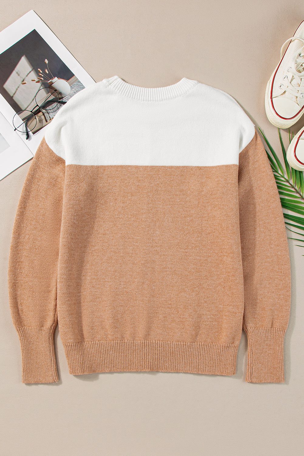 Straw Yellow Colourblock Ribbed Trim Round Neck Sweater eAura