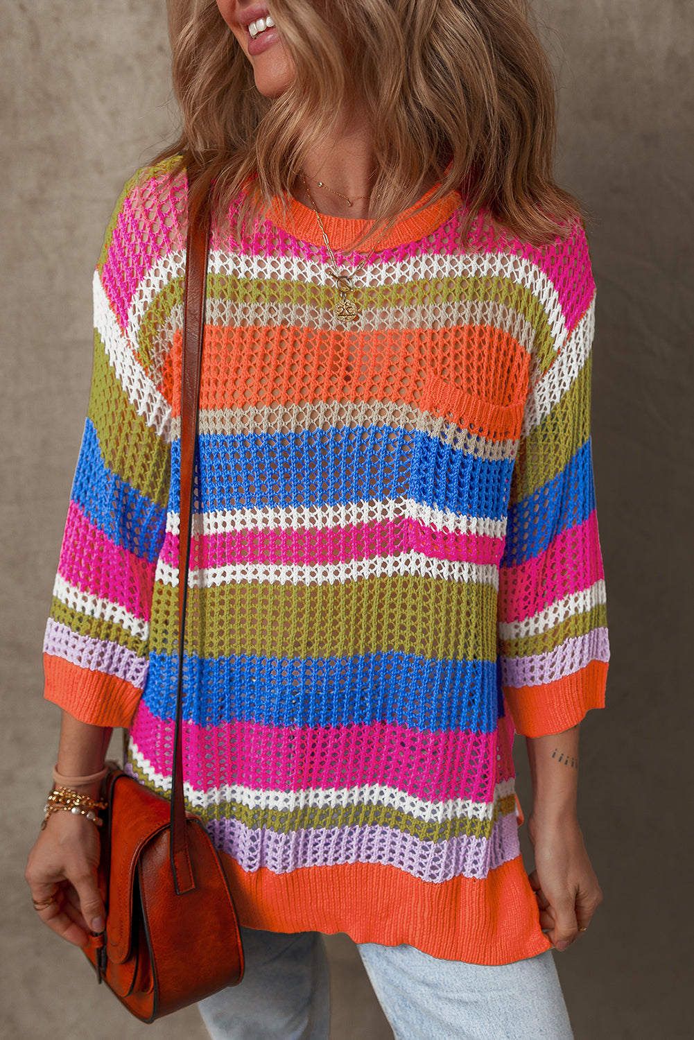 Pink Stripe Colourblock Hollowed Crochet 3/4 Sleeve Sweater eAura