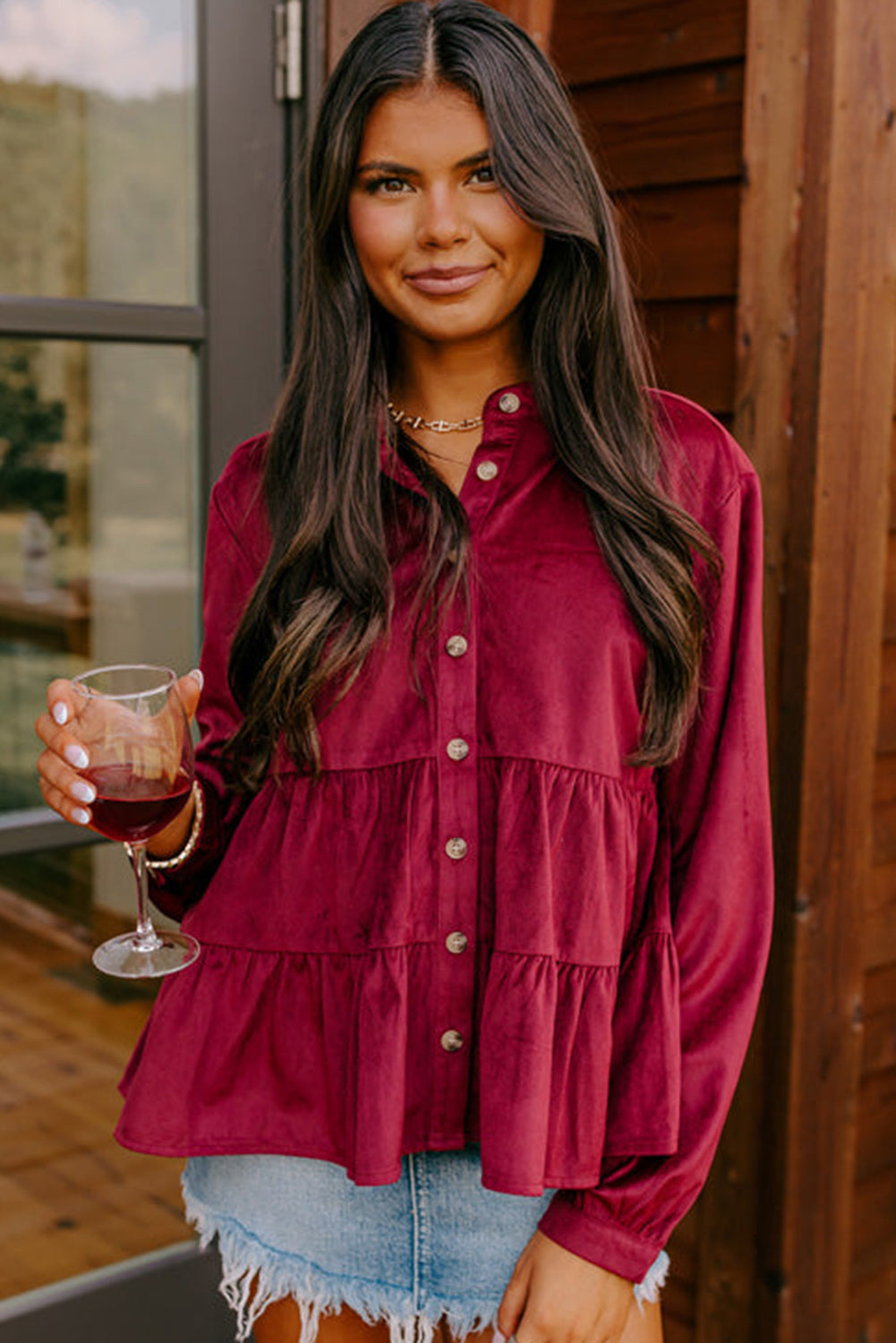 Burgundy Corduroy Ruffle Tiered Buttoned O Neck Shirt eAura