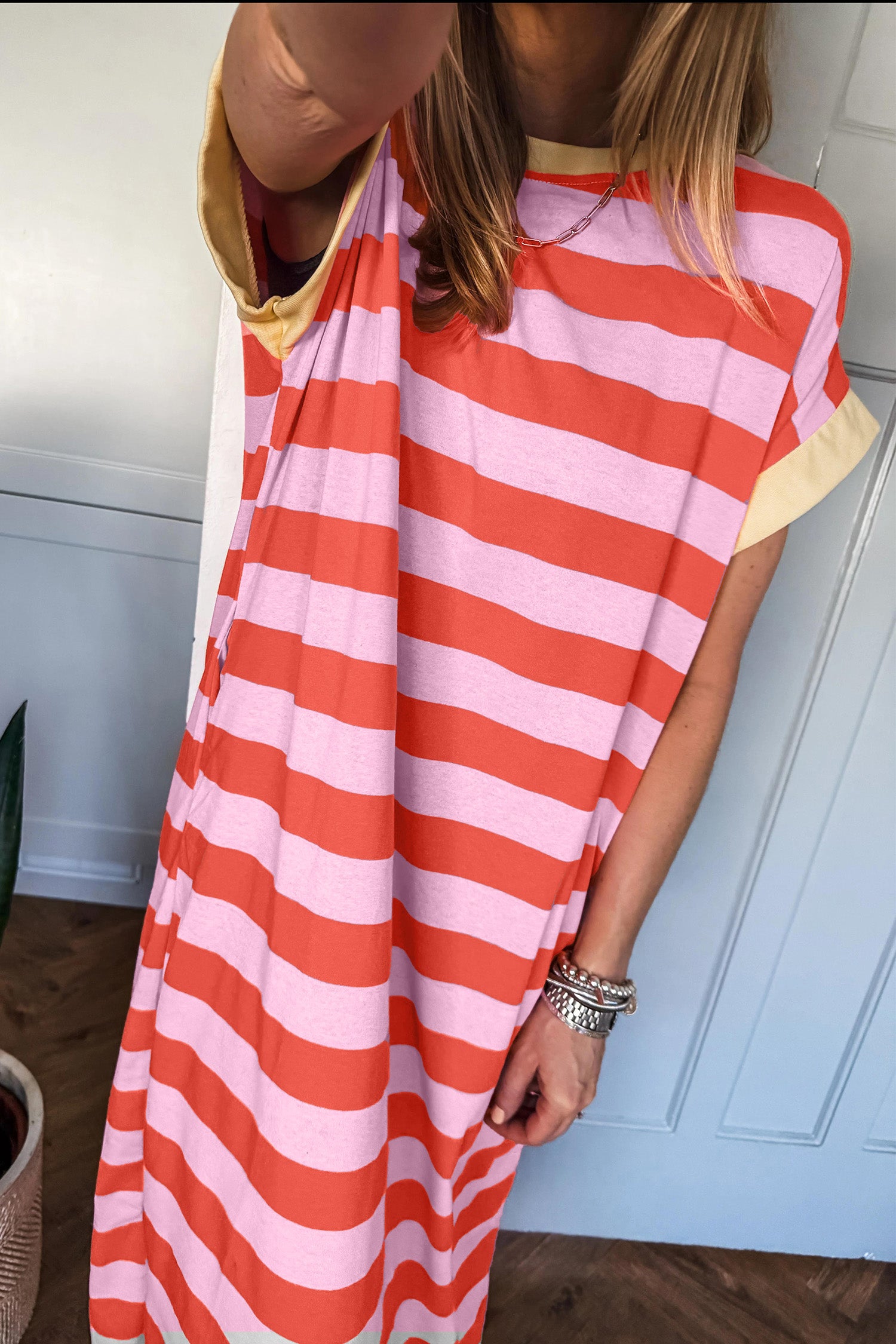Cuffed Short Sleeve Pocketed Casual T Shirt Long Dress – Rose Stripe