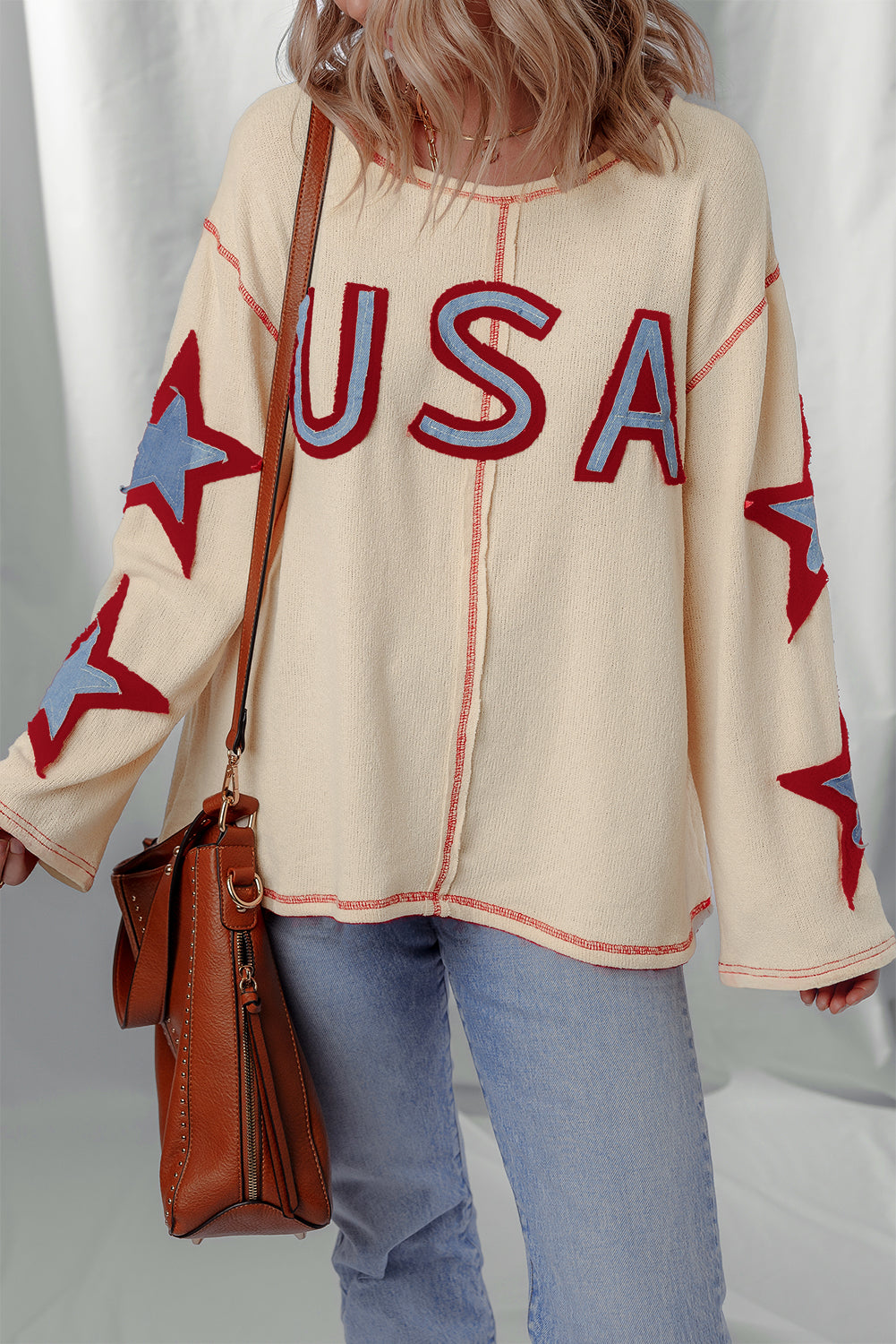 Beige USA Star Contrast Patchwork Exposed Seam Long Sleeve Top - eAura