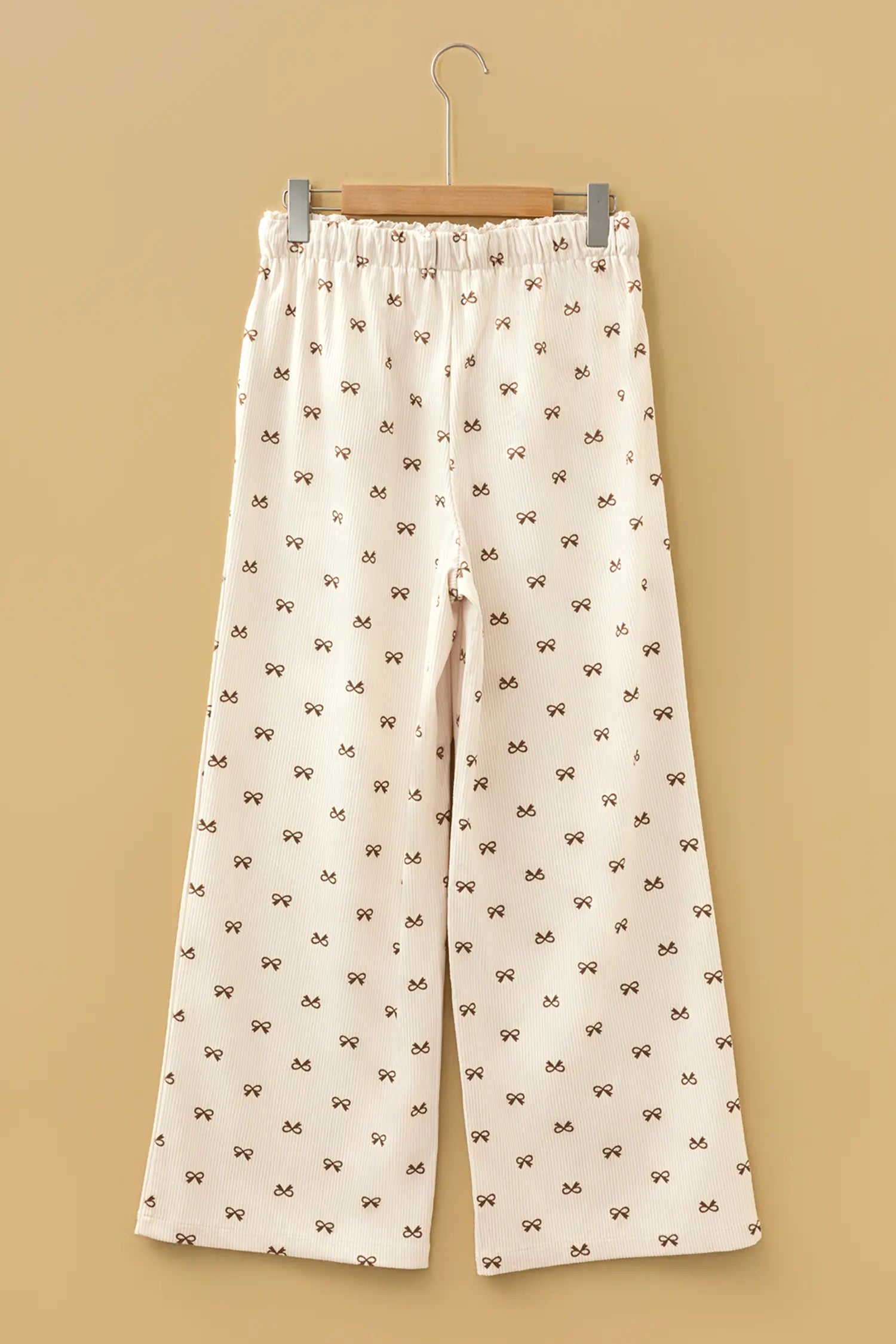 Apricot Bow Print Drawstring Elastic Waist Loose Corduroy Pants
