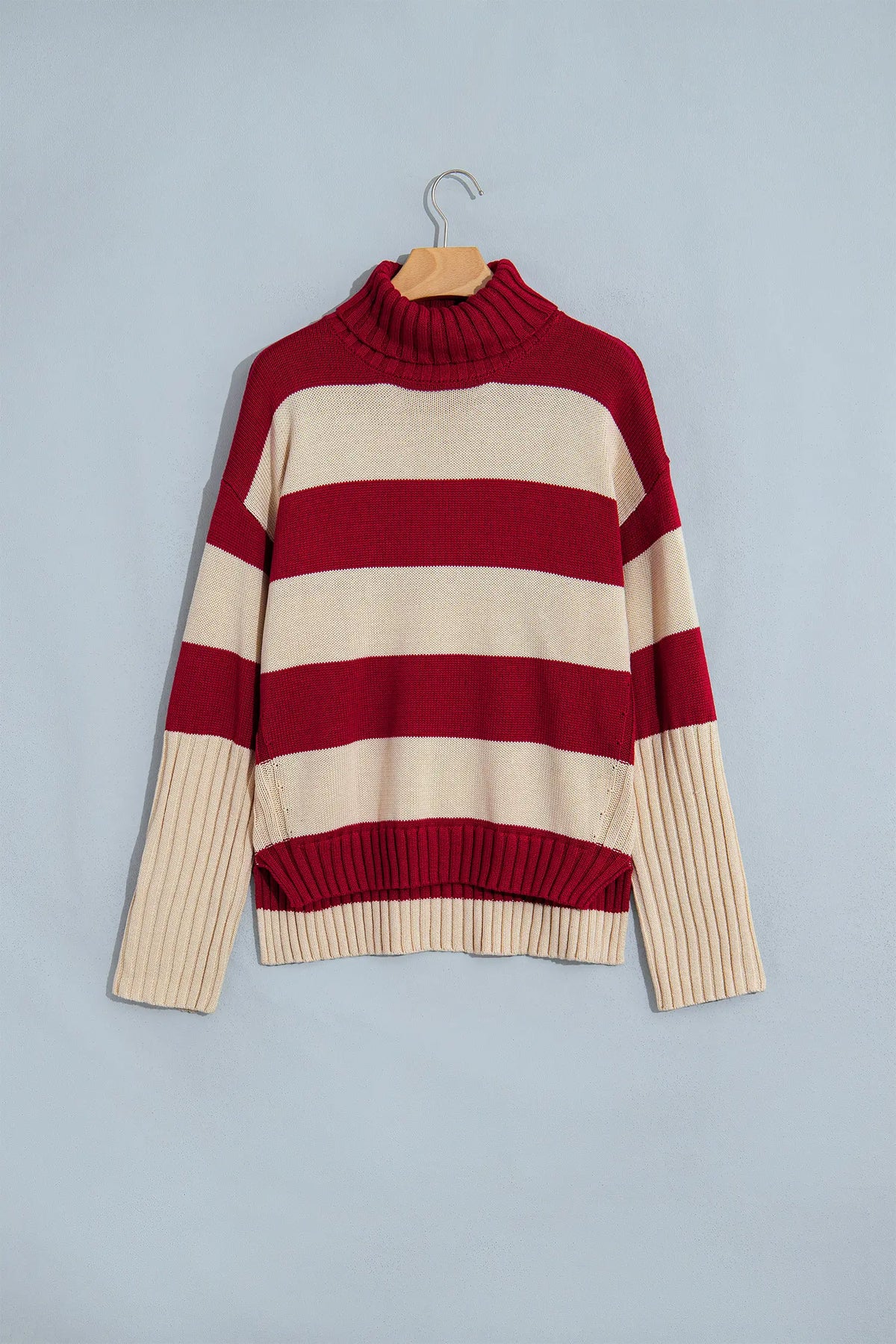 Red Stripe Ribbed Trim High Neck Relaxed Pullover Sweater