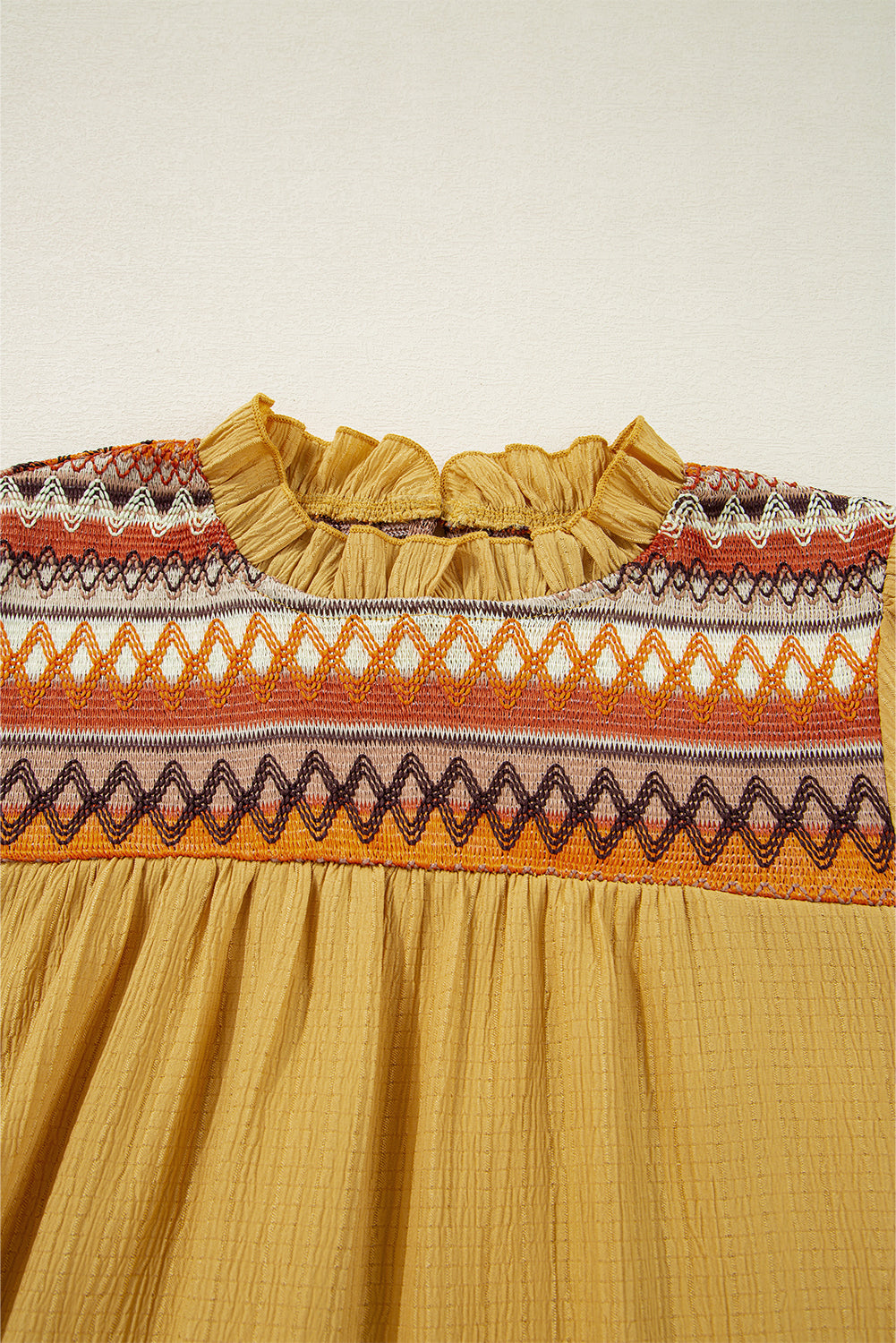 Mustard Geometric Short Puff Sleeve Frilled Collar Blouse eAura