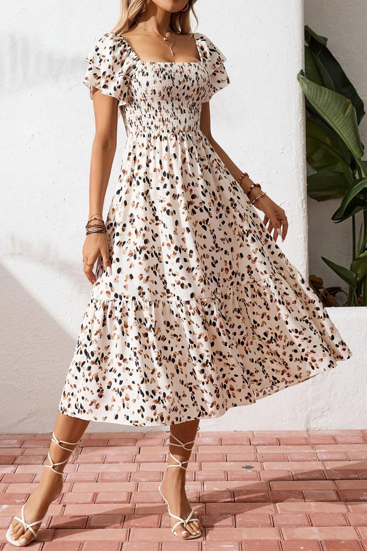 Ditsy Floral Print Smocked Square Neck Ruffle Dress – Beige