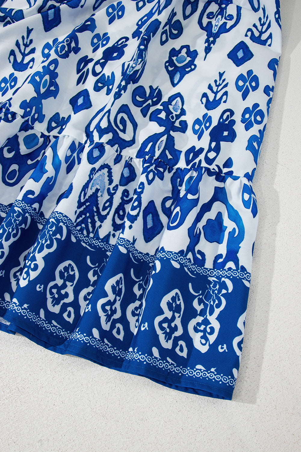 Blue Floral Puff Short Sleeve V Neck High Waist Maxi Dress eAura