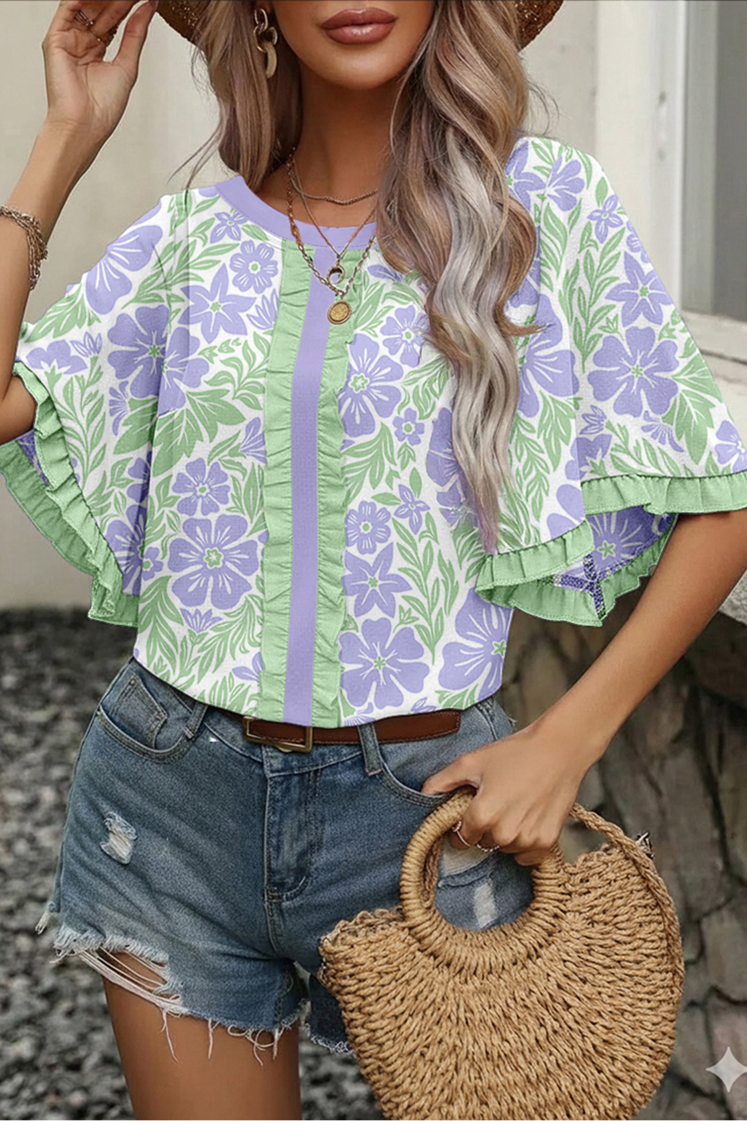Floral Print Ruffled Color Block Trim Half Sleeve Blouse – Rose