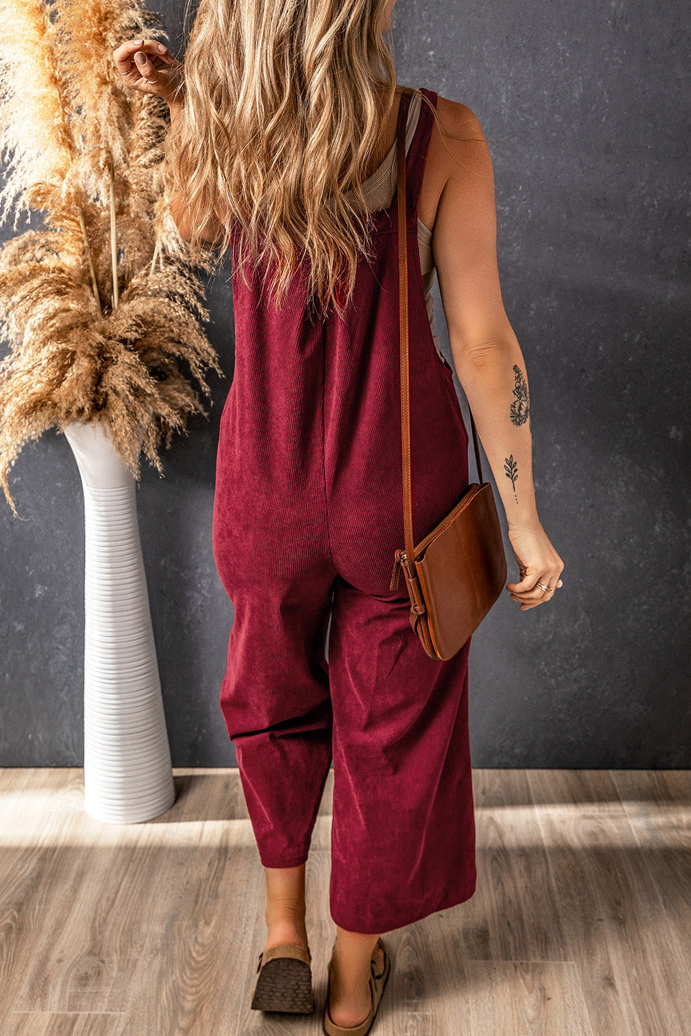 Solid Color Ribbed Wide Leg Bib Overalls – Brown