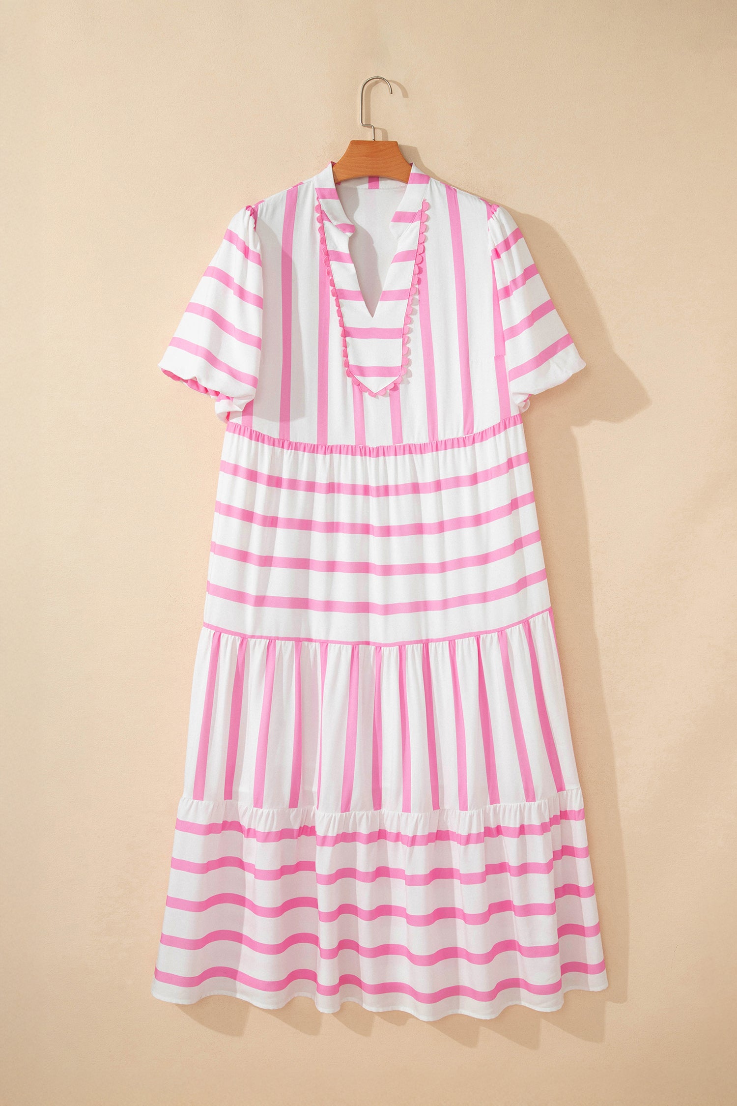 Stripe Plus Size V-Neck Short Puff Sleeve Tiered Maxi Dress
