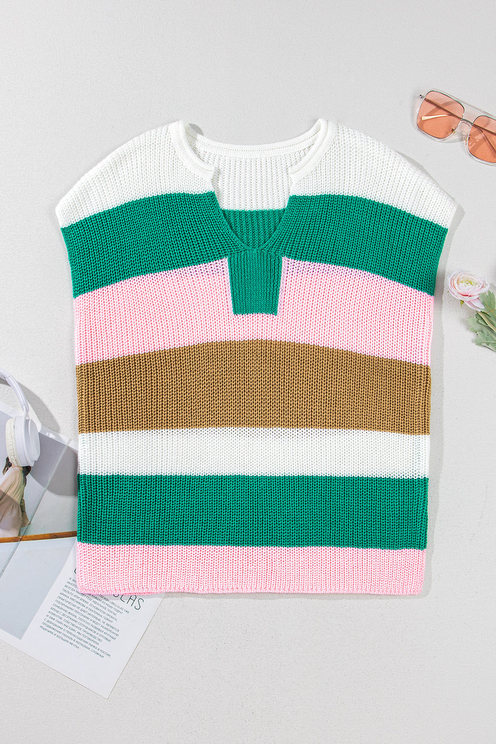 Multicolour Colour Block Notch V Neck Sweater Top eAura